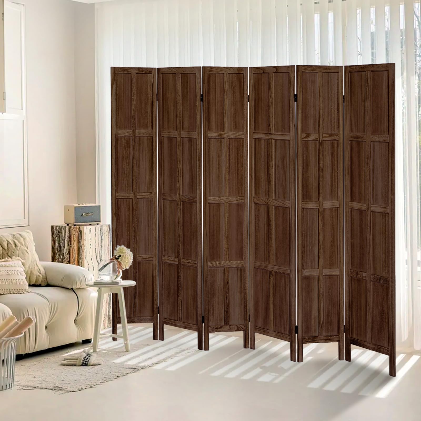 6 Panel Wood Room Divider - 5.6Ft Folding Privacy Screen & Freestanding Partition for Home, Office, Restaurant, Bedroom (Dark Brown) | Perfect for Creating Private Spaces, Room Separation & Decorative Accents