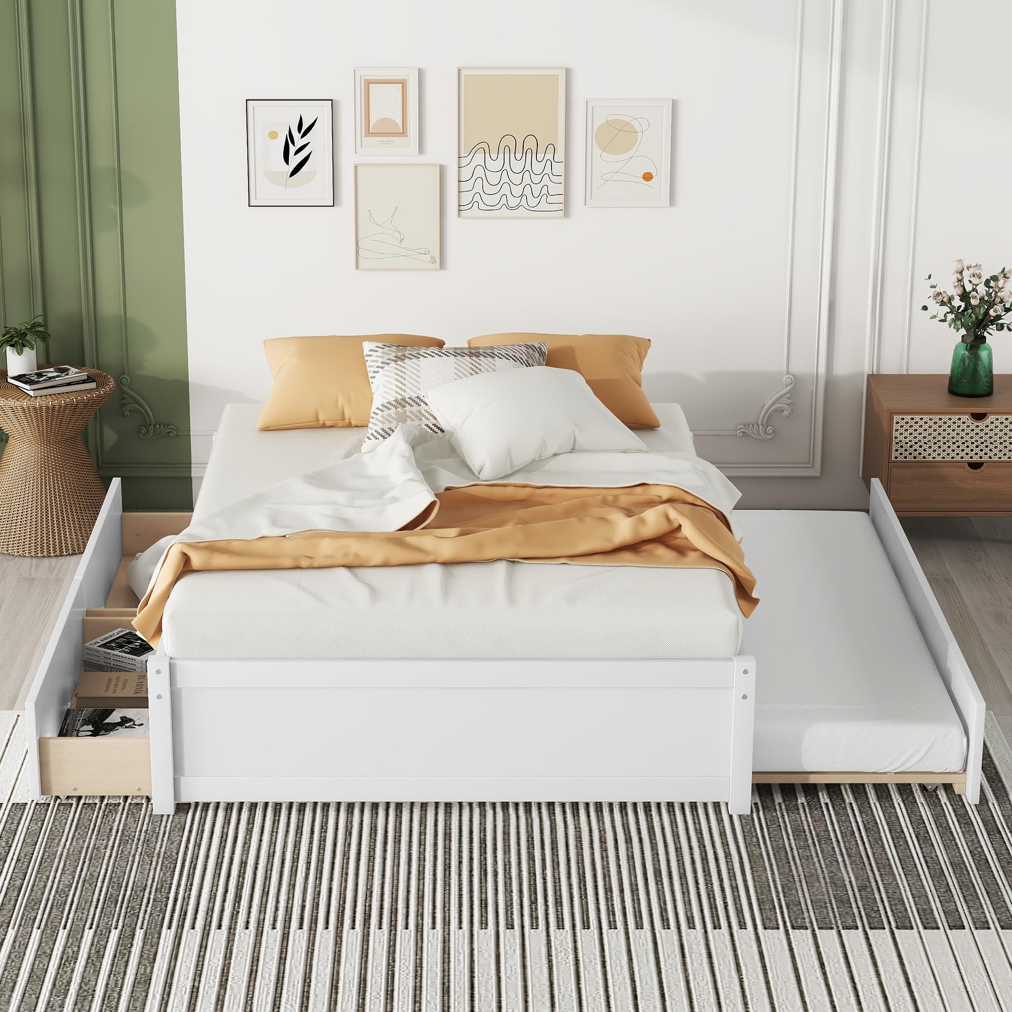 Bellemave White Wood Platform Bed Frame with Trundle and Storage Drawers - Full Size Captain Bed for Kids, Teens & Adults - Perfect for Small Spaces, Guest Rooms & Dormitories