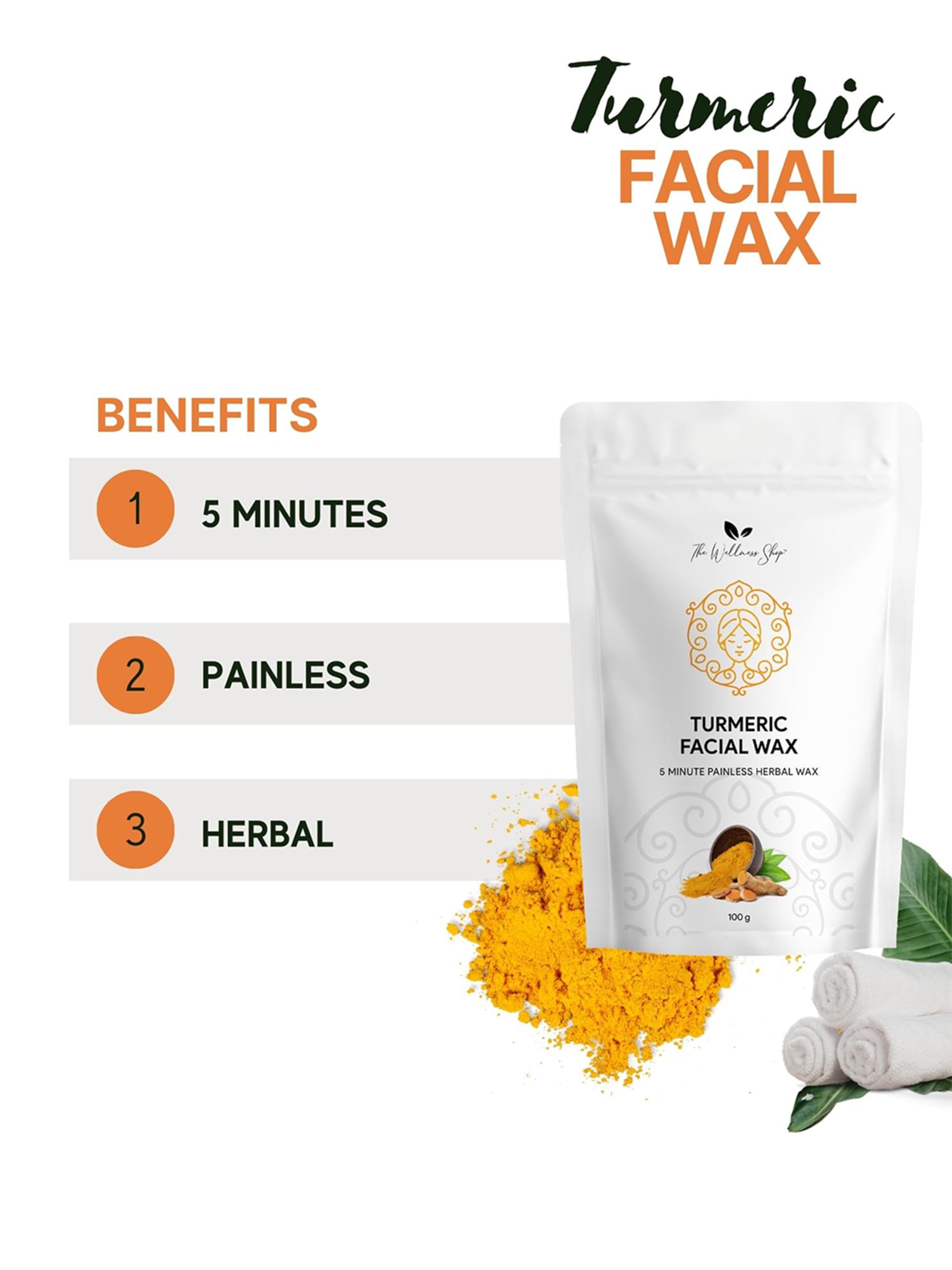 Organic Turmeric Facial Wax Powder 100g - All Natural, Painless Hair Removal in 5 Minutes, No Chemicals, No Irritation for Sensitive Skin | Pure Vitamin C Serum 30ml - Brightening & Anti-Aging Facial Treatment for Women | Pack of 2 | Perfect for At-Home Spa & Beauty Routine