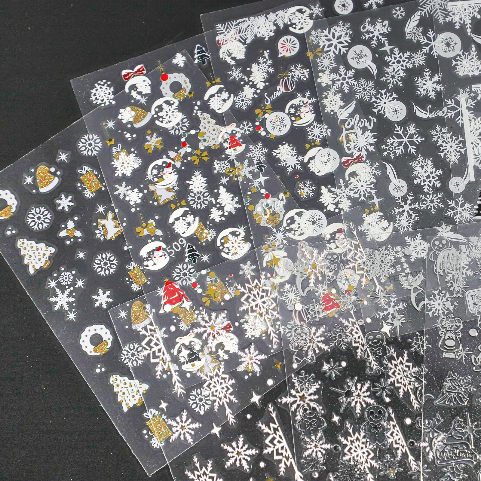 10 Sheets 3D Snowflake Nail Art Stickers - Self-Adhesive Christmas Nail Decals in Black, White, Gold & Silver | Winter Snowflake Nail Designs for Women | Perfect for Holiday Parties, Christmas Gifts & Winter Nail Art