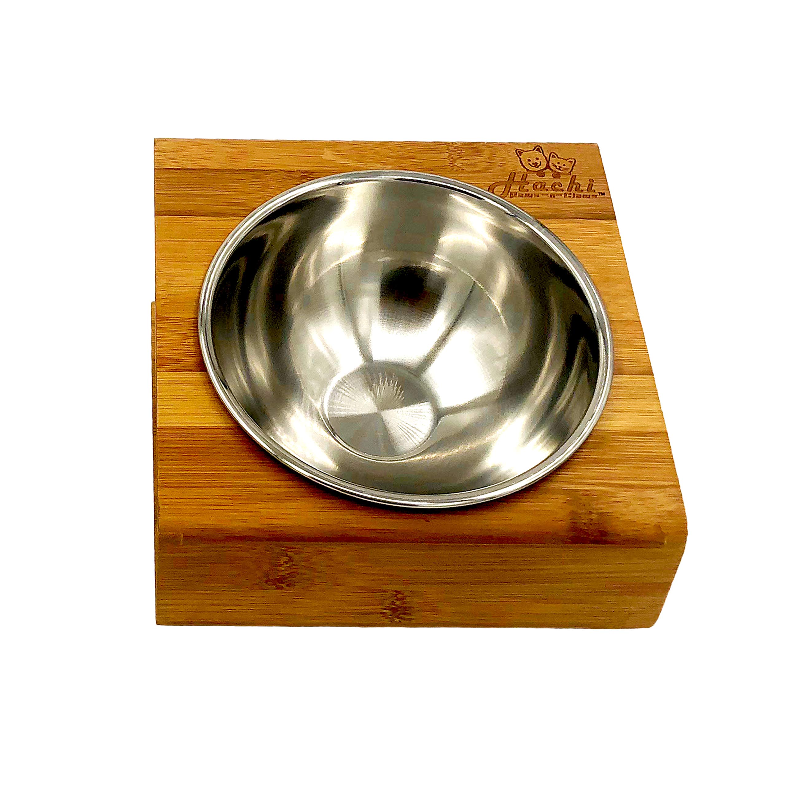 Elevated Slanted Pet Bowl for Cats & Dogs - Bamboo Raised Dog & Cat Feeder with Stainless Steel Bowls & Non-Slip Base - Perfect for Small Pets, Senior Animals & Pets with Neck Pain - Ideal for Home, Kitchen & Travel Use