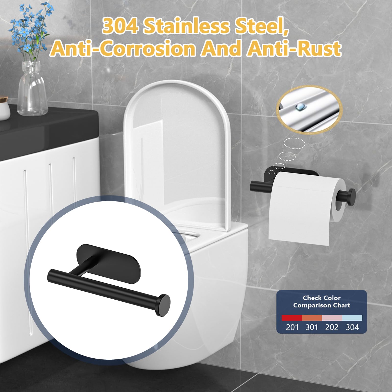 WYSE Self-Adhesive Black Toilet Paper Holder - No Drill Stick-On Bathroom Organizer, SUS304 Stainless Steel RV Toilet Roll Holder - Perfect for Small Bathrooms, RVs, Campers & Apartments