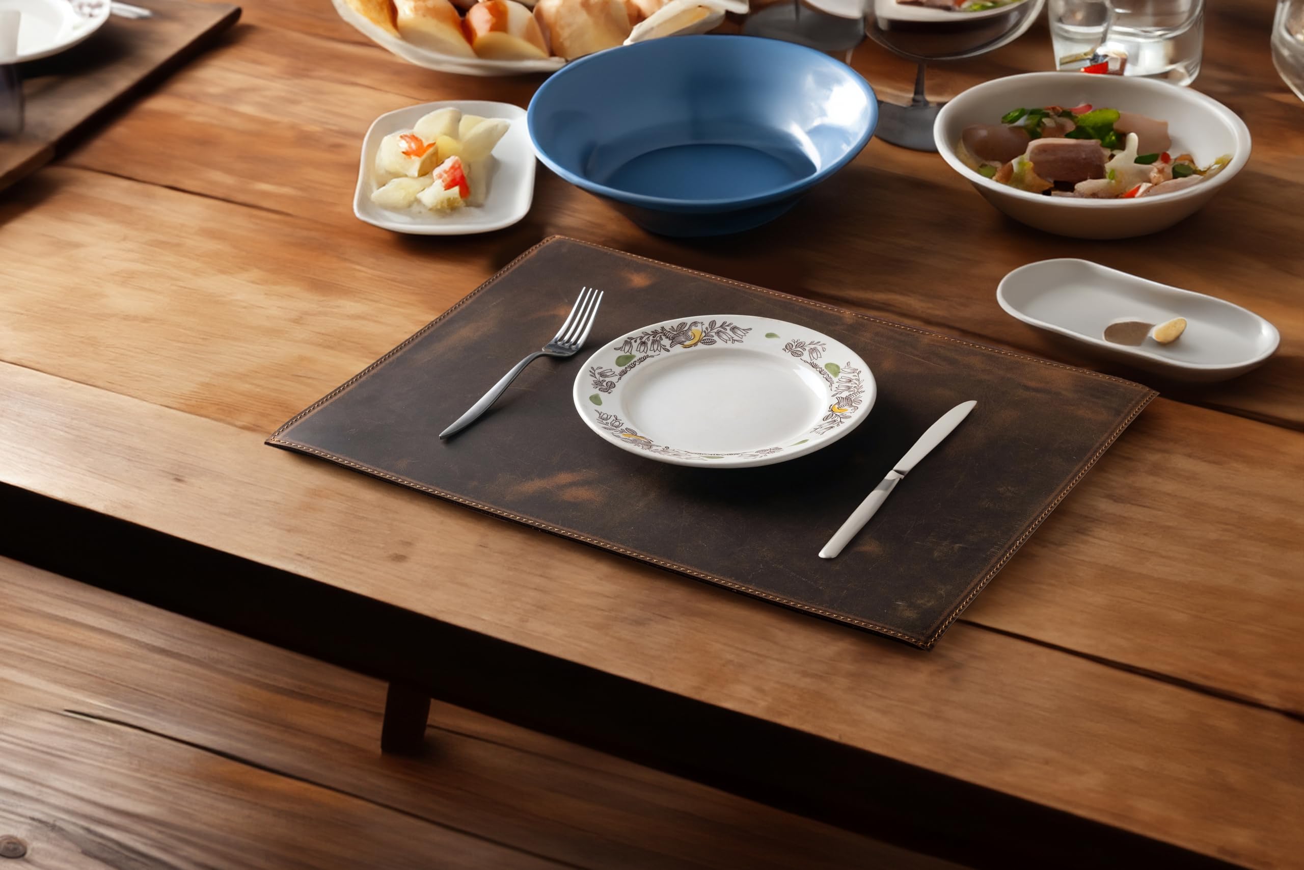 Distressed Genuine Leather Placemats Set of 6 - Handmade Dining Table Mats for Home, Cafe & Restaurant - Personalized Tobacco Brown Table Decor - Perfect for Rustic, Farmhouse & Modern Dining Settings