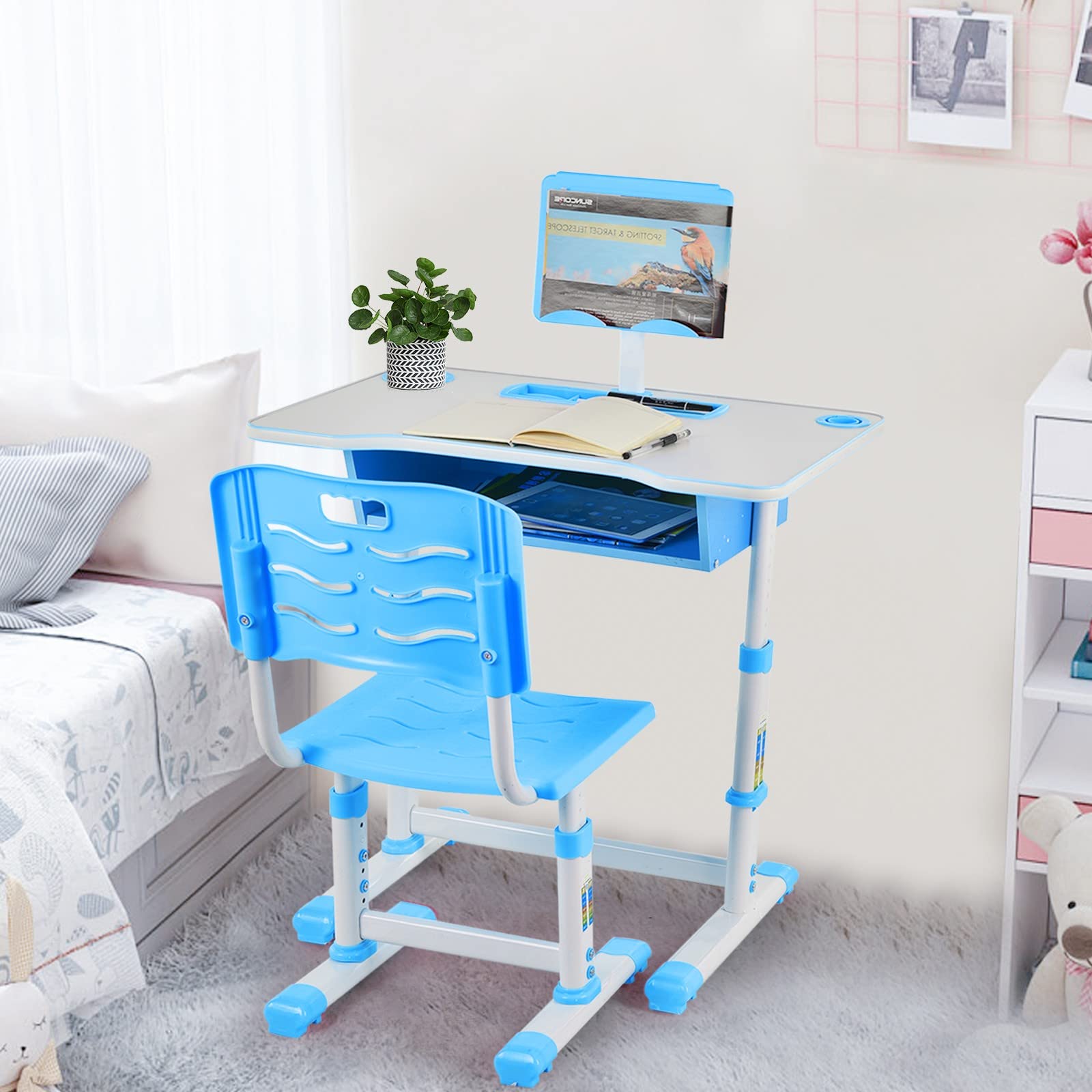 Adjustable Kids Study Desk and Chair Set - Ergonomic Learning Table for Boys & Girls, Interactive Workstation for Home Schooling, Writing & Drawing - Perfect for Homework, Online Classes & Creative Activities