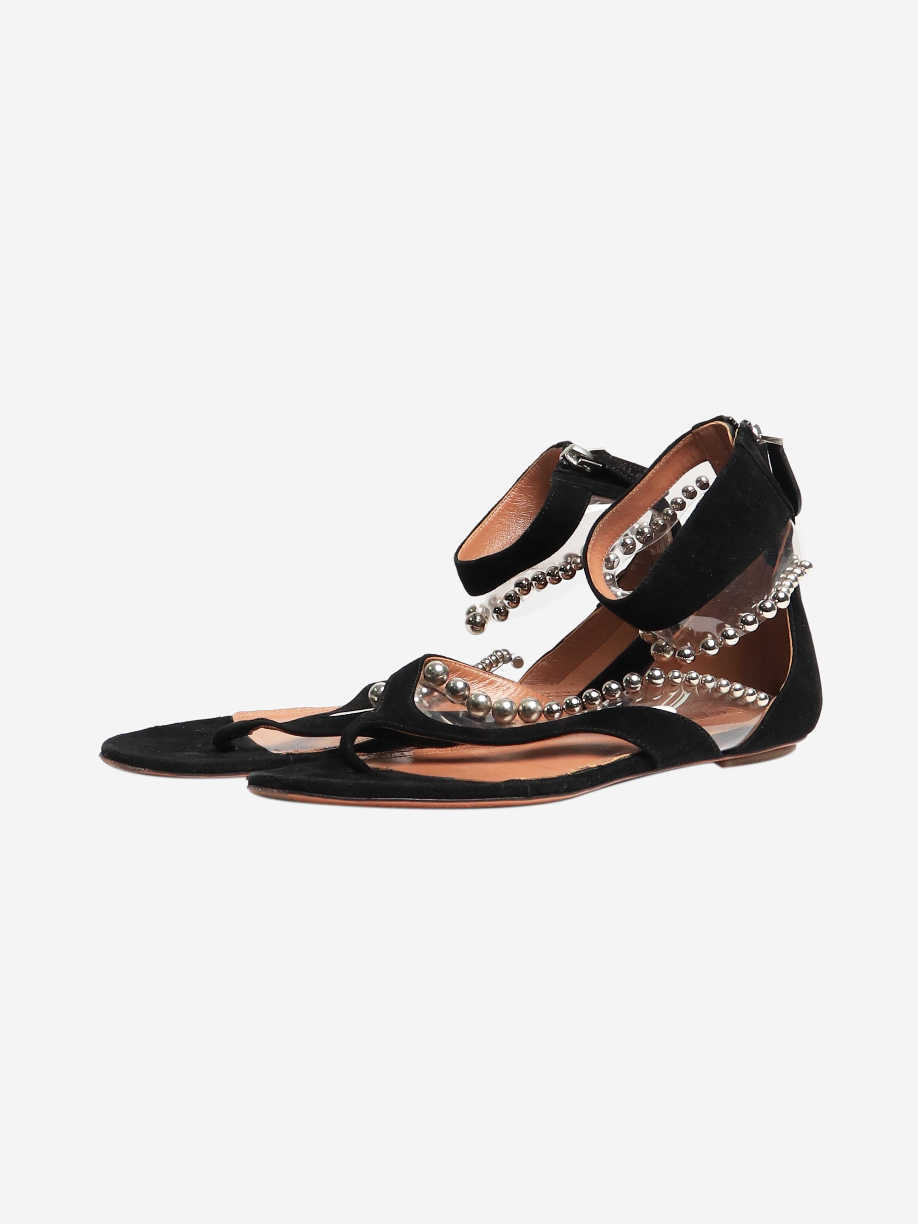Black Suede Beaded Sandals for Women - Size EU 39 (UK 6) - Comfortable Summer Beach Wedding Party Shoes