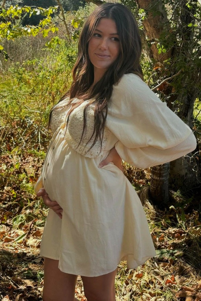 Beige Crochet Lace Button Front Maternity Dress for Pregnancy Photos, Baby Shower & Special Occasions - Comfortable Nursing Dress for Expecting Mothers