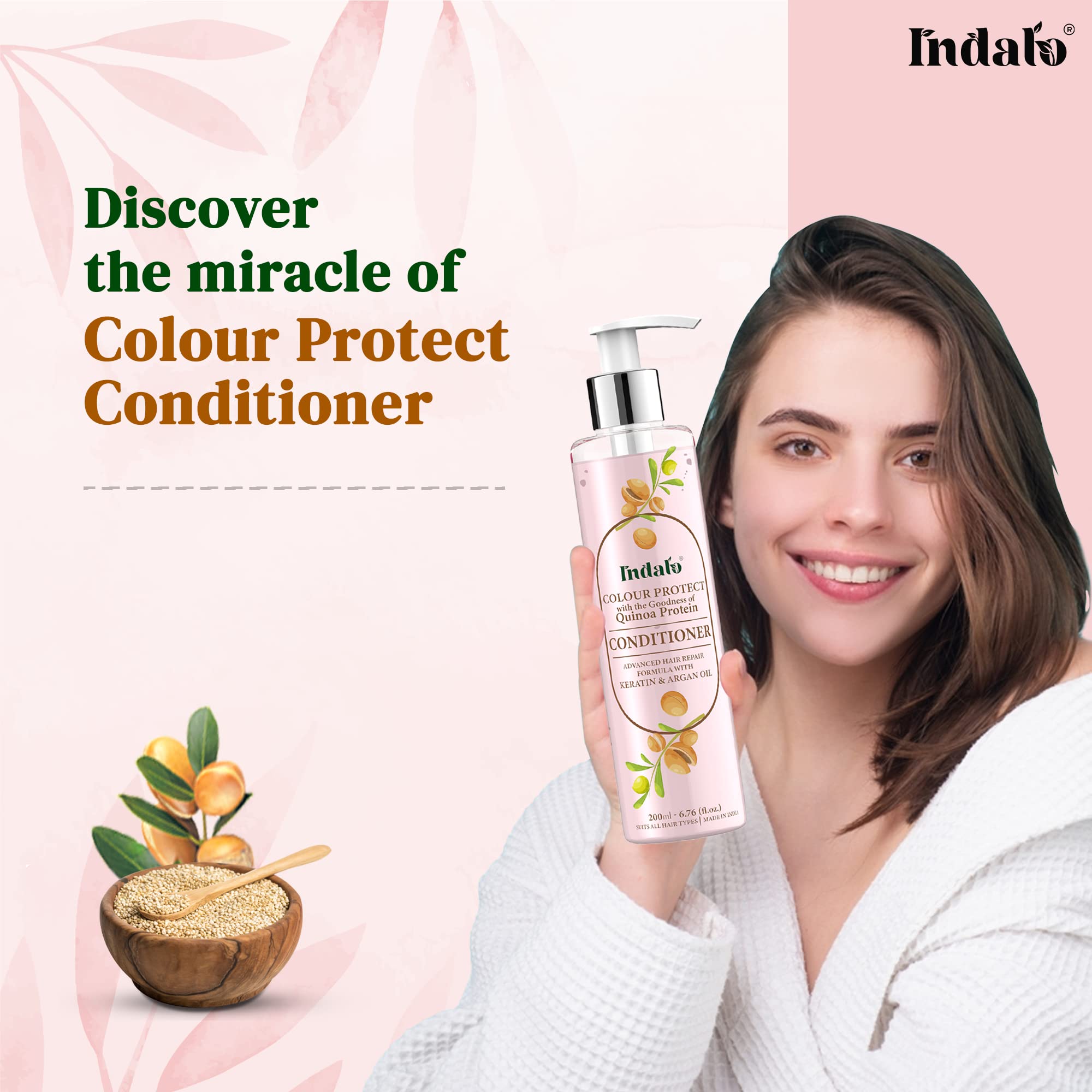 Indalo Quinoa Protein Color Protect Conditioner with Argan Oil - Keratin Treatment for Color-Treated & Damaged Hair - Sulfate Free, Paraben Free (200ml) - Smooth, Nourished Hair for Daily Care & Salon-Quality Results