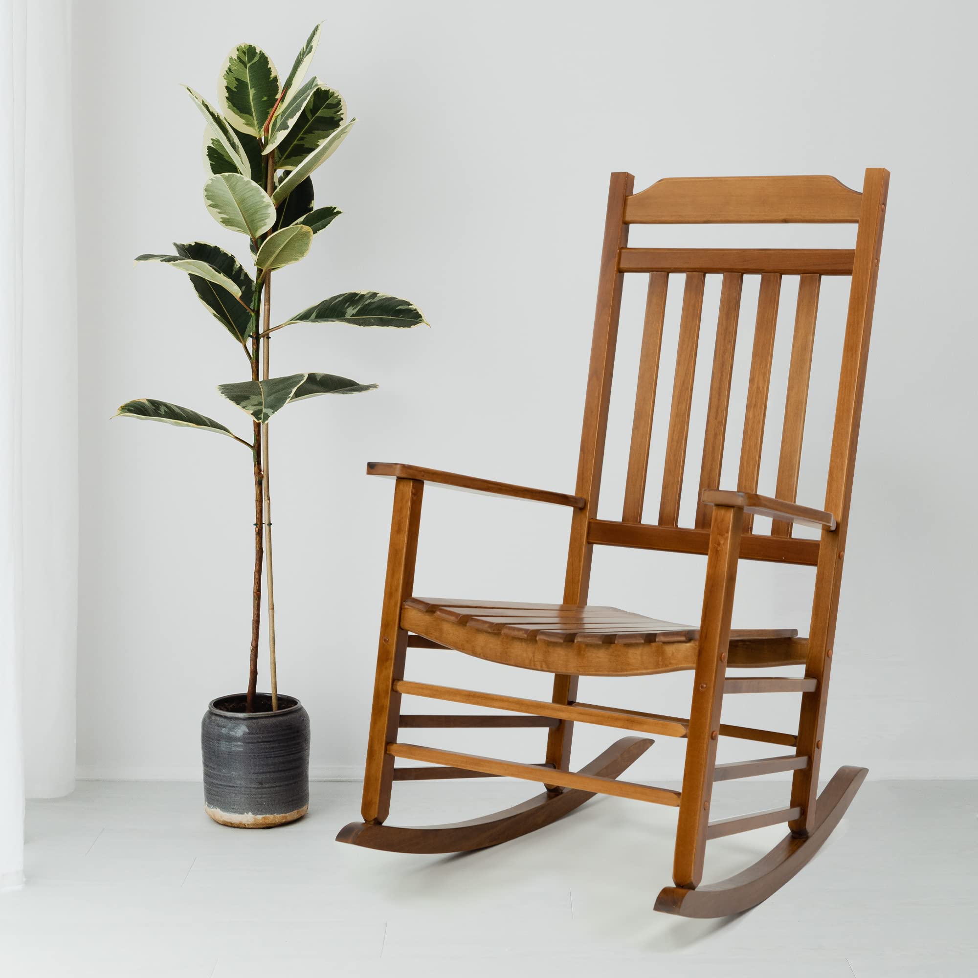 Kozyard Solid Wood High Back Slat Rocking Chair - Outdoor & Indoor Porch Furniture - Comfortable Front Porch Rocking Chair for Patio, Garden, or Living Room (Natural Finish)
