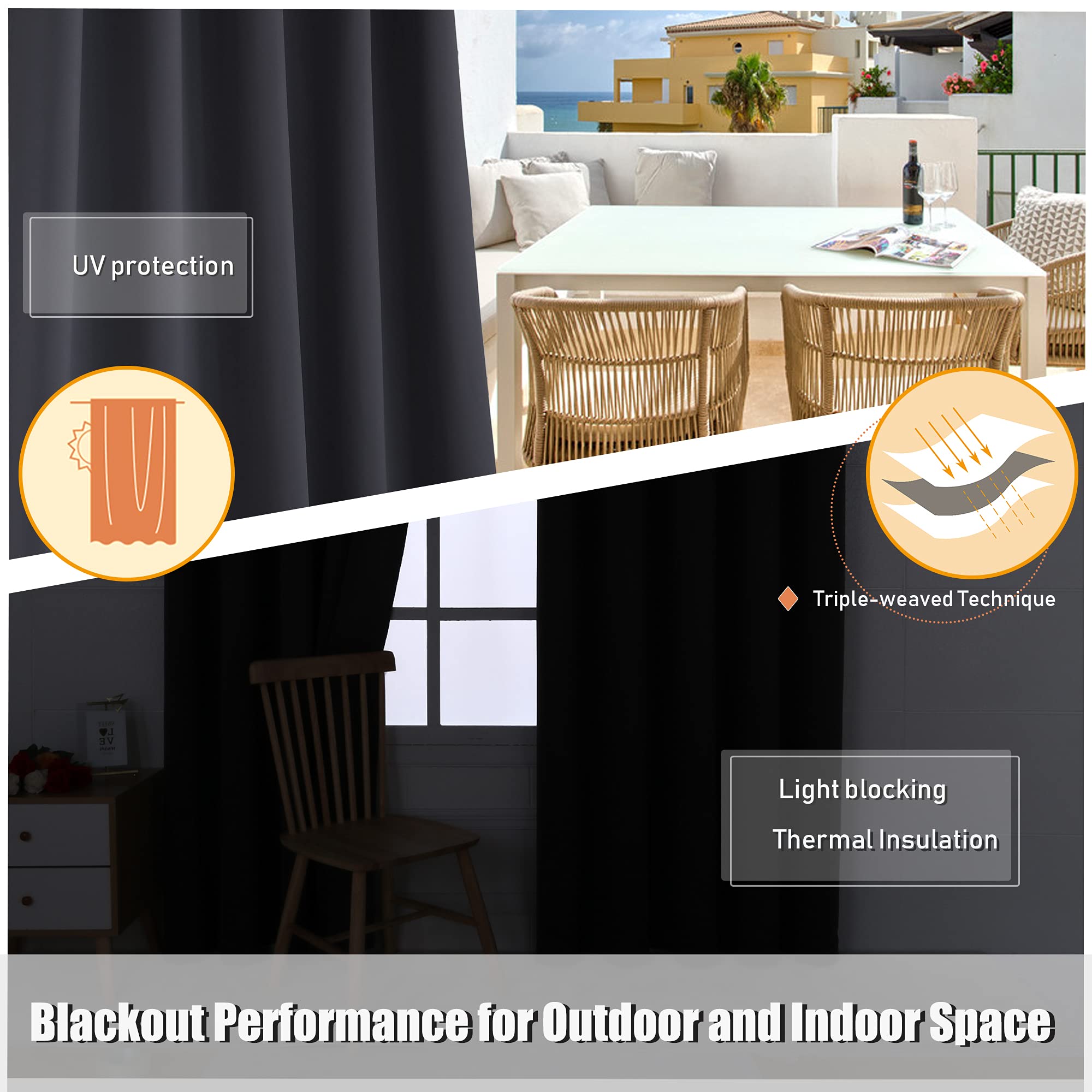 BONZER Waterproof Outdoor Curtains - Thermal Insulated Blackout Curtains for Patio, Cabana, Deck & Sunroom - 100W x 84L Inch Dark Grey Sunlight Blocking Grommet Curtain Panel - Perfect for Bedroom, Living Room & Outdoor Entertaining Areas