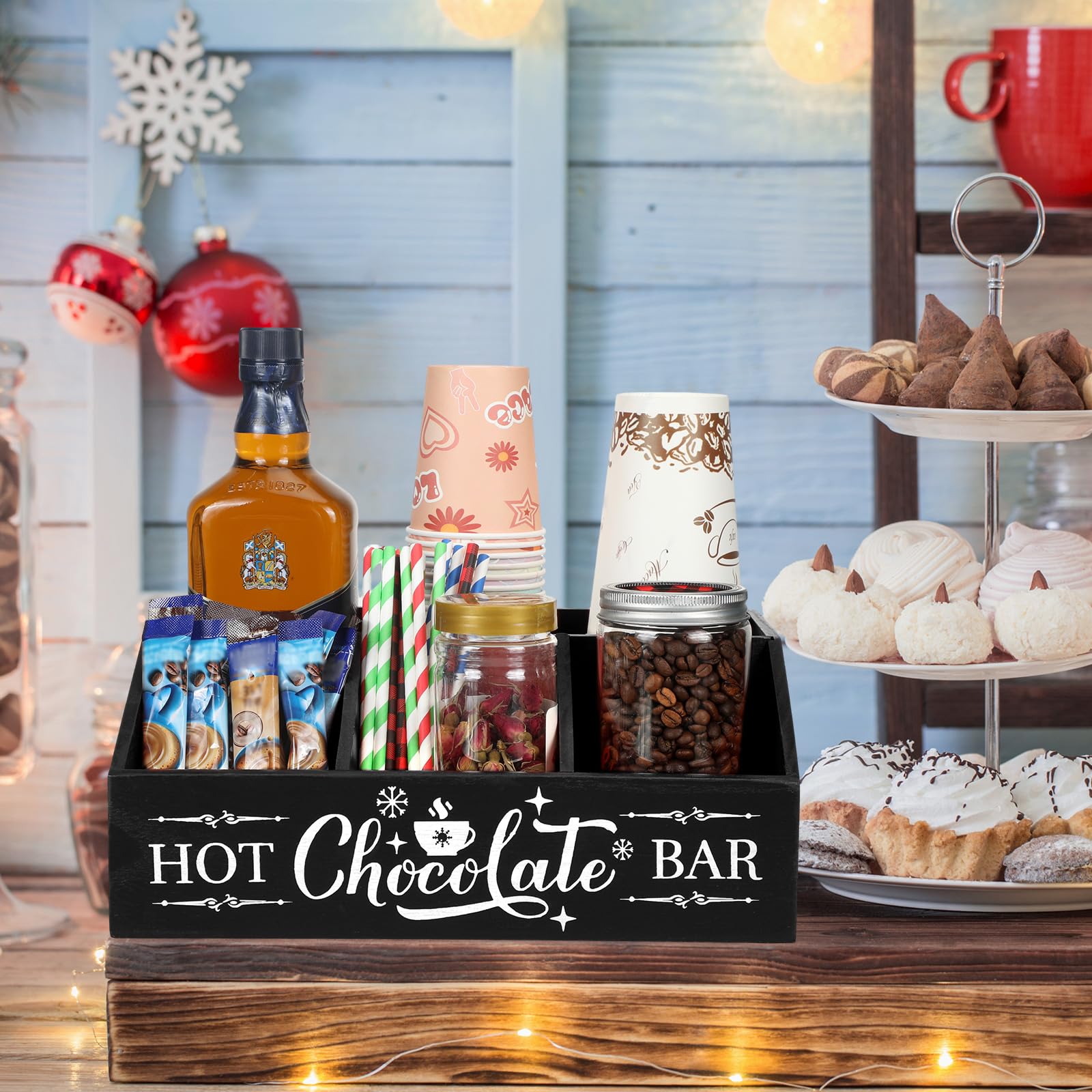 Barydat Christmas Hot Cocoa Bar Organizer - 4 Compartment Wooden Coffee Station Countertop Holder for Kitchen, Holiday Party & Home Decor - Perfect for Xmas Gifts, Hot Chocolate Serving & Coffee Bar Organization (Black)