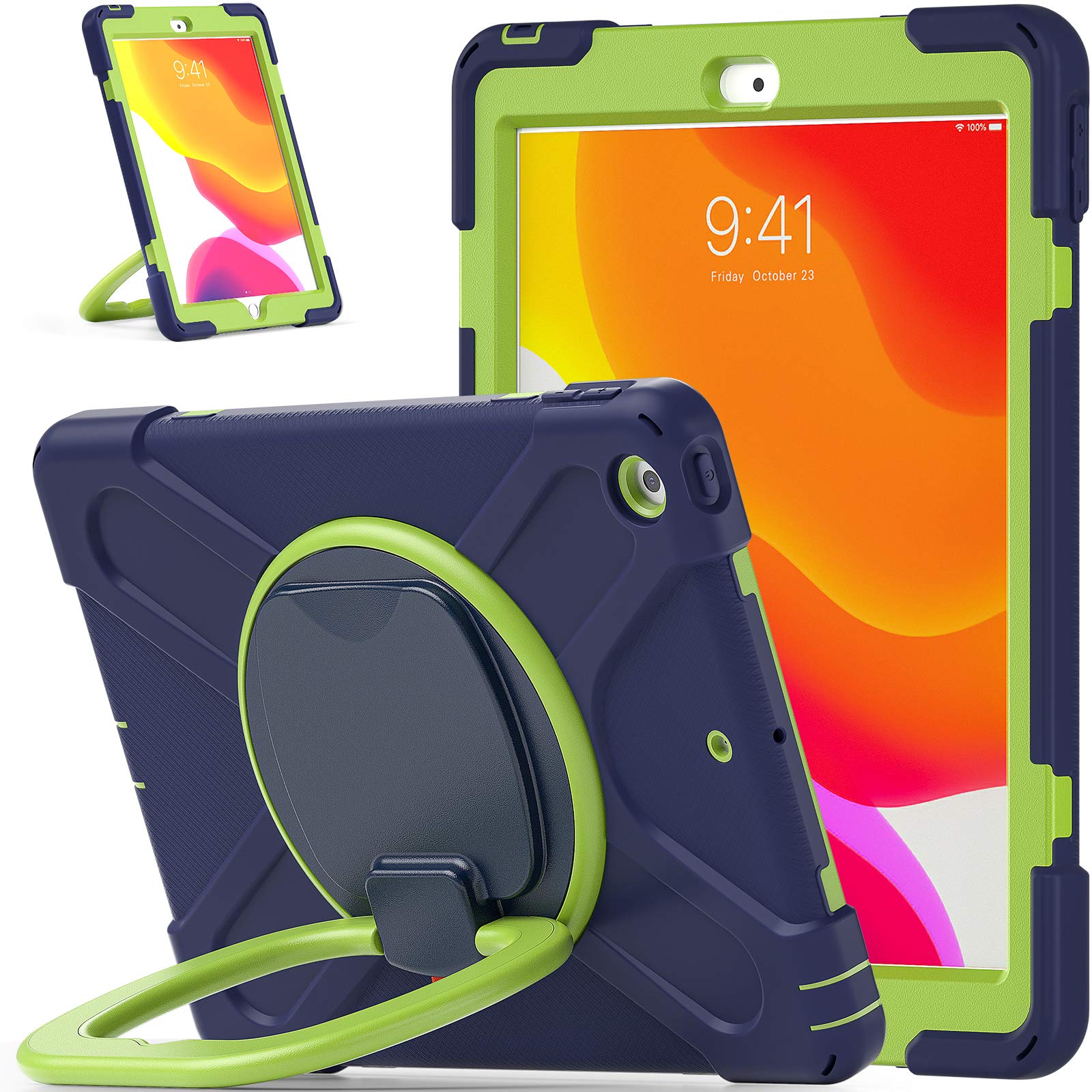 KIQ Ring Shield Heavy Duty Protective Case for iPad 9th/10.2-inch 2021 & 7th/8th Gen 10.2-inch 2019-2020 - with Apple Pencil Holder & Adjustable Shoulder Strap (Dark Blue/Lime Green) - Perfect for Travel, School & Business Use