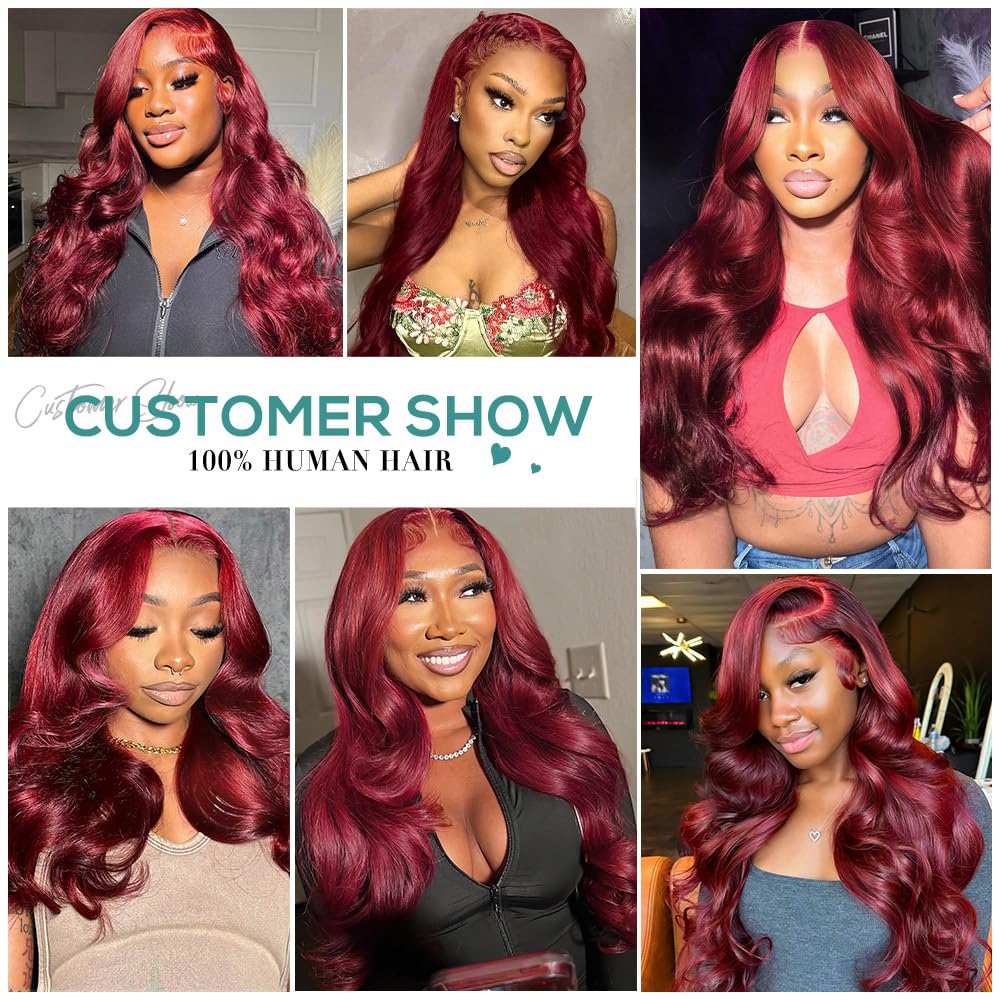 Allove 99j Burgundy 22inch Human Hair Lace Front Wig - 180% Density Pre-Plucked Body Wave with Baby Hair | 13x4 Glueless HD Transparent Frontal | Perfect for Daily Wear, Cosplay & Special Occasions