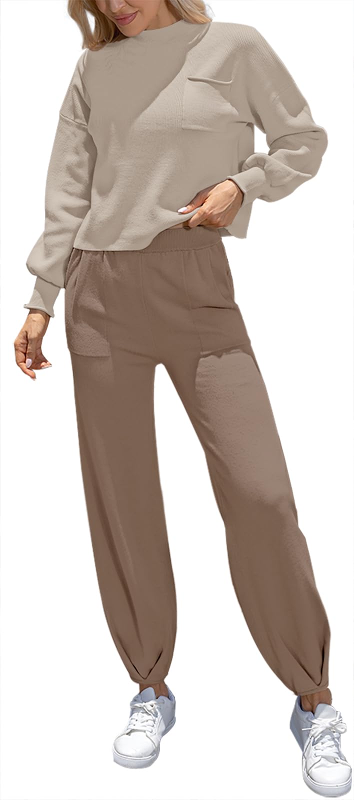 Trendy Women's 2-Piece Sweater Sets 2023 - Long Sleeve Knit Top & High Waisted Sweatpants Lounge Outfit | Cozy Home Wear, Casual Street Style, Winter Comfort Outfits