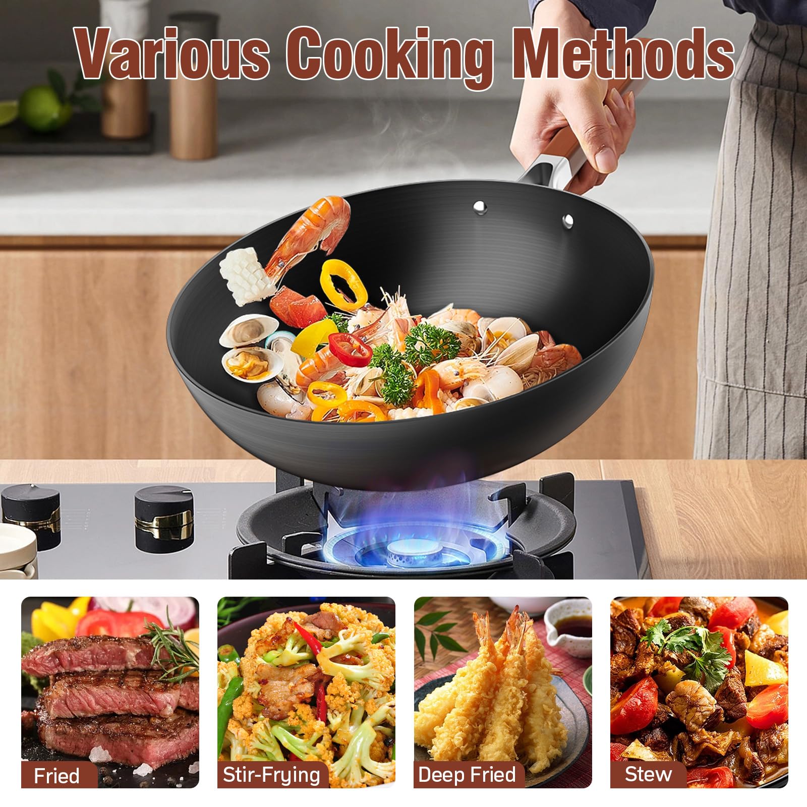 Jobin 12.6 Inch 5.2L Pre-Seasoned Carbon Steel Wok Pan with Lid - Non-Toxic, Chemical-Free Stir Fry Pan for Asian Cooking - Large Capacity for 4-6 People - Works on Induction, Gas & Electric Stoves - Perfect for Stir-Frying, Deep Frying & Cooking Family Meals