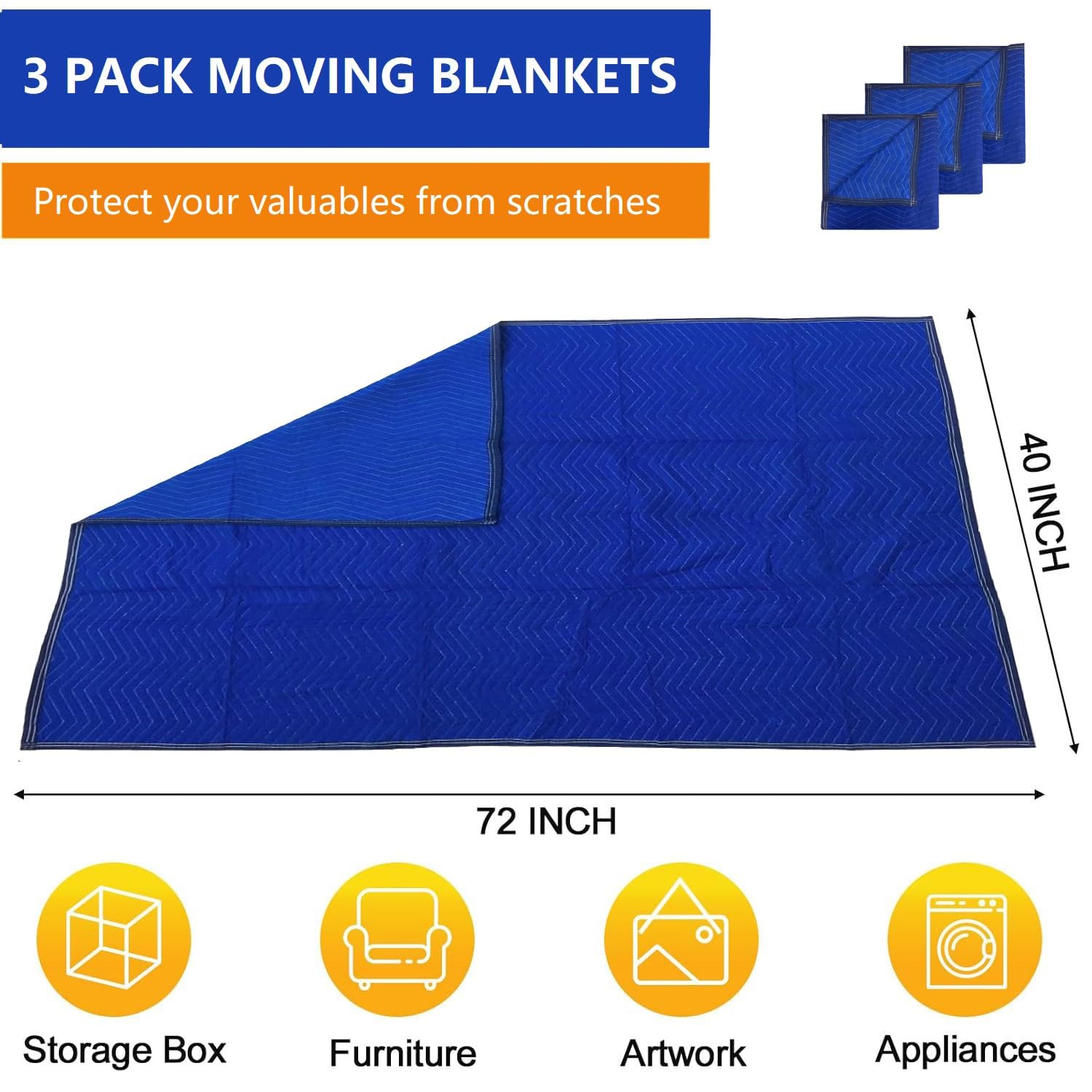 3 Pack Heavy Duty Moving Blankets 40x72 Inches - Professional Quilted Furniture Pads for Shipping, Moving & Storage | Protect Couches, Mattresses, Appliances During Transport & Home Renovation