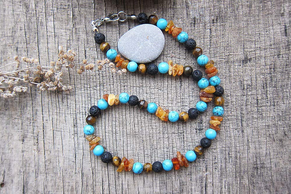 Surfer Choker Necklace for Men - 8mm Natural Baltic Amber Beaded Tribal Jewelry with Wood Accents | Perfect for Beach Parties, Music Festivals & Boho Style Outfits