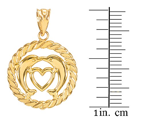 14K Yellow Gold Roped Circle Open Heart with Kissing Dolphin Pendant Necklace for Women - Elegant Jewelry Gift for Valentine's Day, Anniversary & Special Occasions