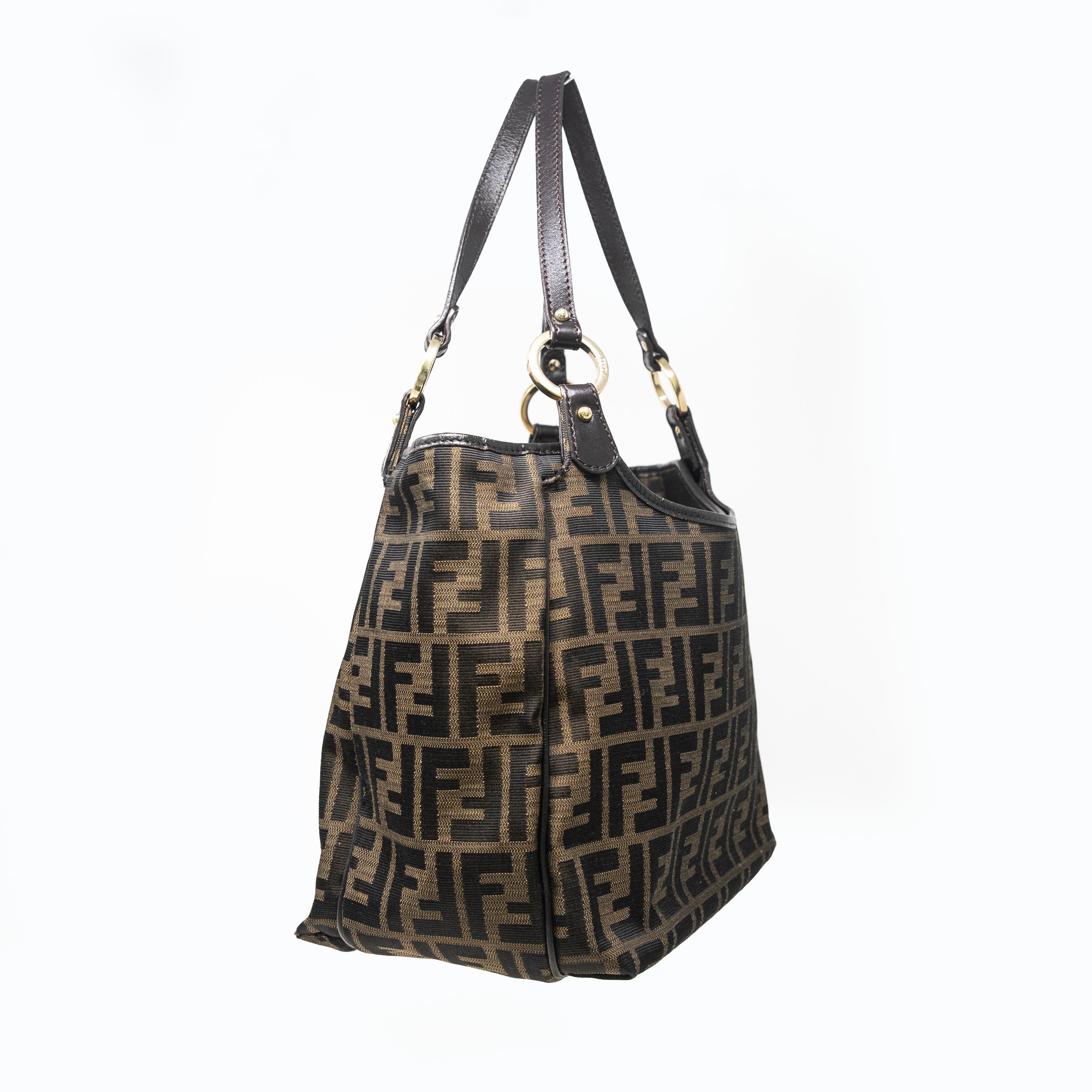 Fendi Zucca Print Brown Leather Shoulder Bag for Women - Stylish Designer Handbag Perfect for Work, Travel & Everyday Use