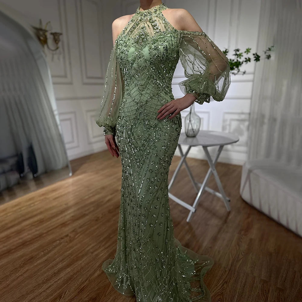 Elegant Sage Green Beaded Halter Neck Mermaid Evening Dress for Women - Luxury Dubai Formal Gown for Weddings, Prom, and Special Occasions - Saudi LA72737