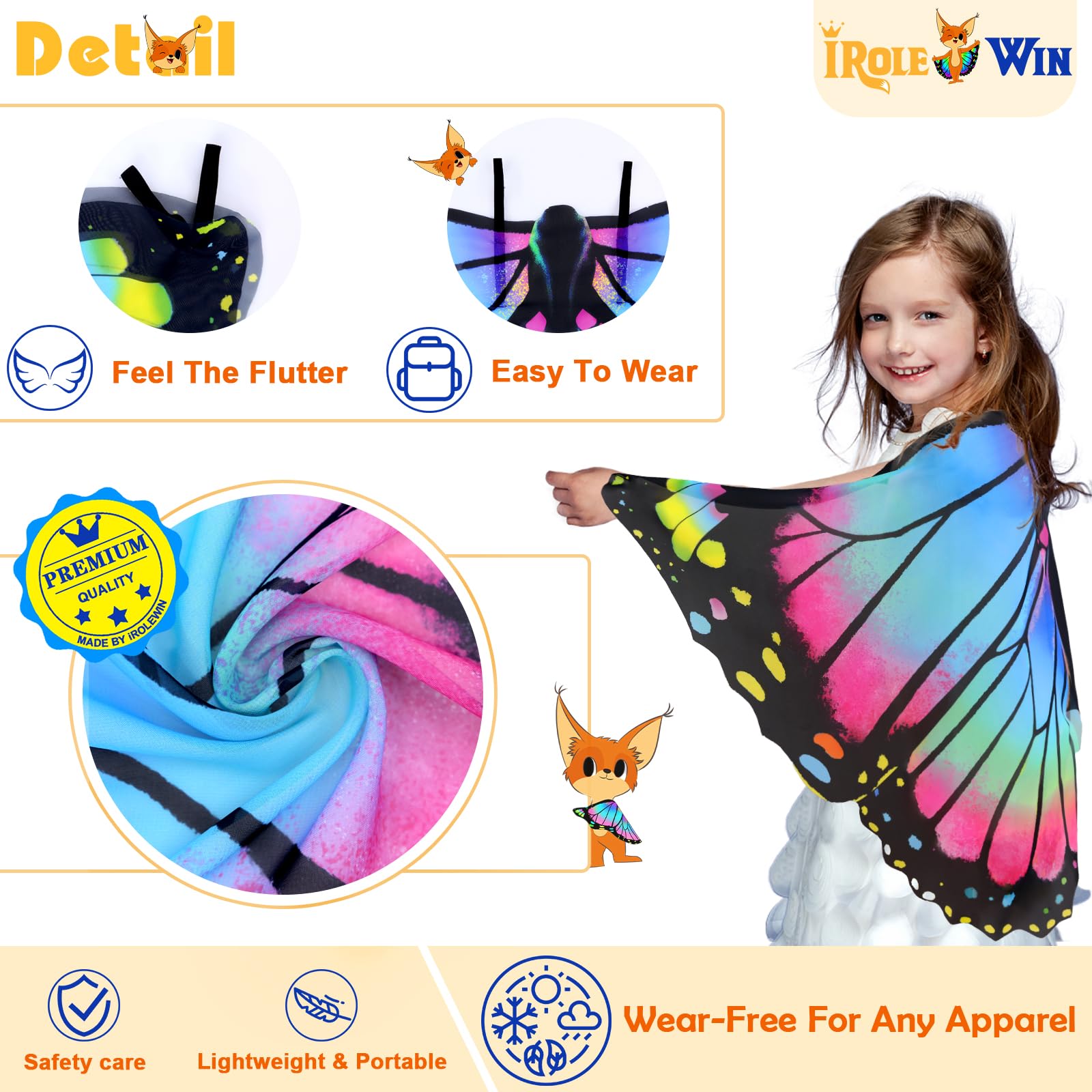 iROLEWIN Butterfly Wings Costume for Kids - Toddler Dress Up Wings for Girls & Boys, Play Pretend Bug Costume Accessories - Perfect for Halloween, Birthday Parties & Dress Up Play