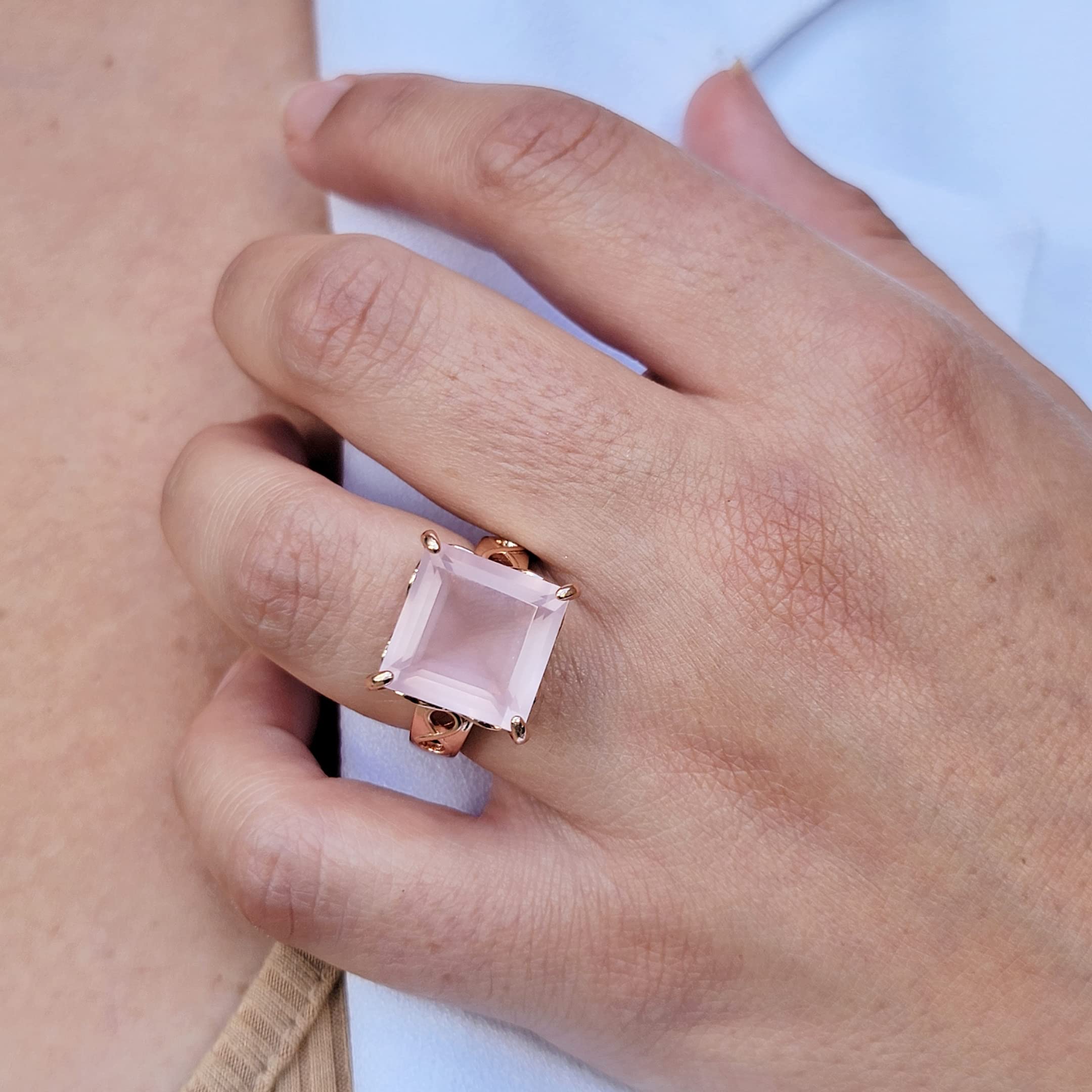Natural Rose Quartz Infinity Ring - 14mm Cushion Cut Genuine Birthstone Jewelry - 925 Sterling Silver Rose Gold Plated - Perfect for Valentine's Gift, Anniversary Present & Spiritual Healing Jewelry