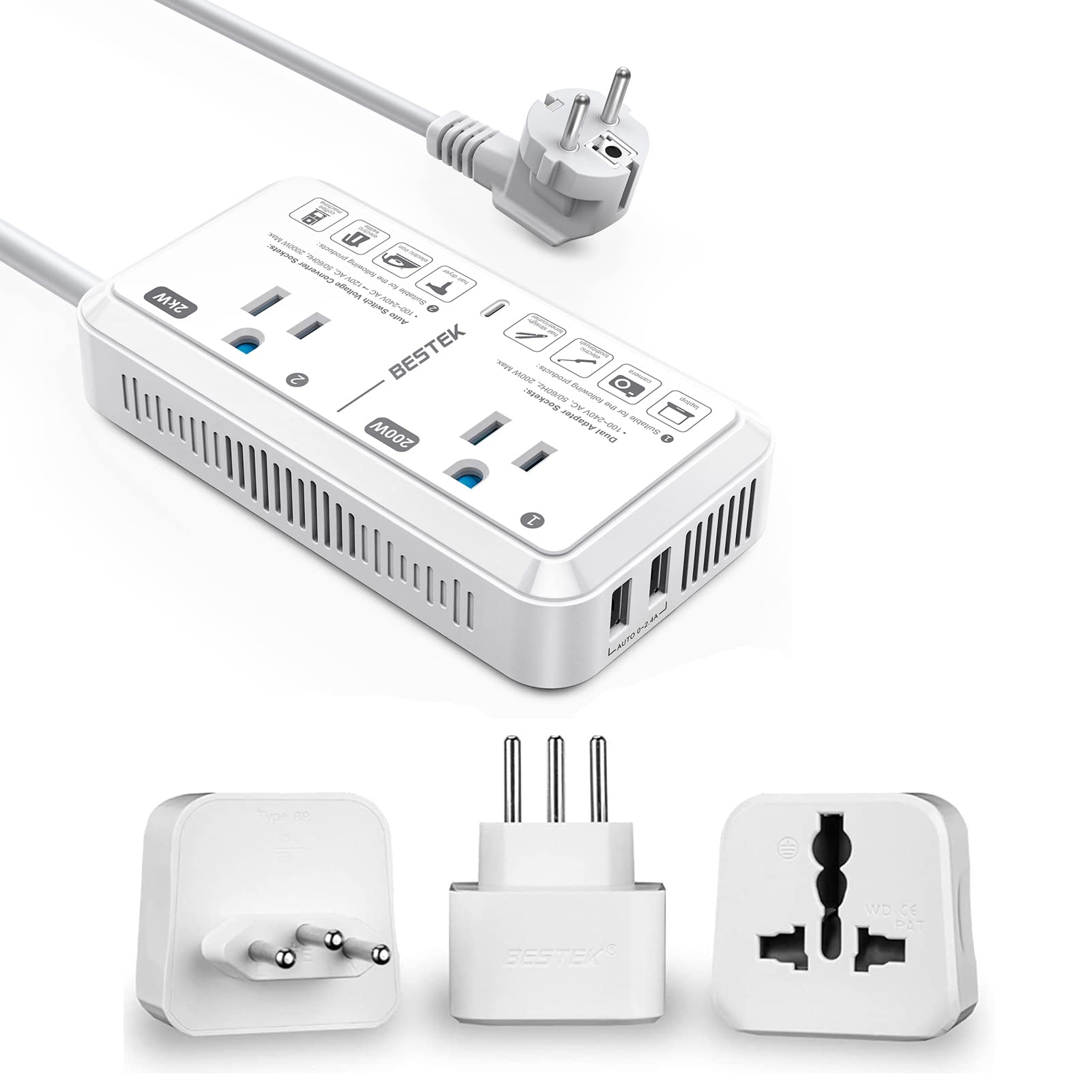 BESTEK 2000W Voltage Converter & Brazil Power Adapter - US to Brazil Plug Adapter with Universal Outlet for Travel, Electronics, Hair Dryers, Laptops & More