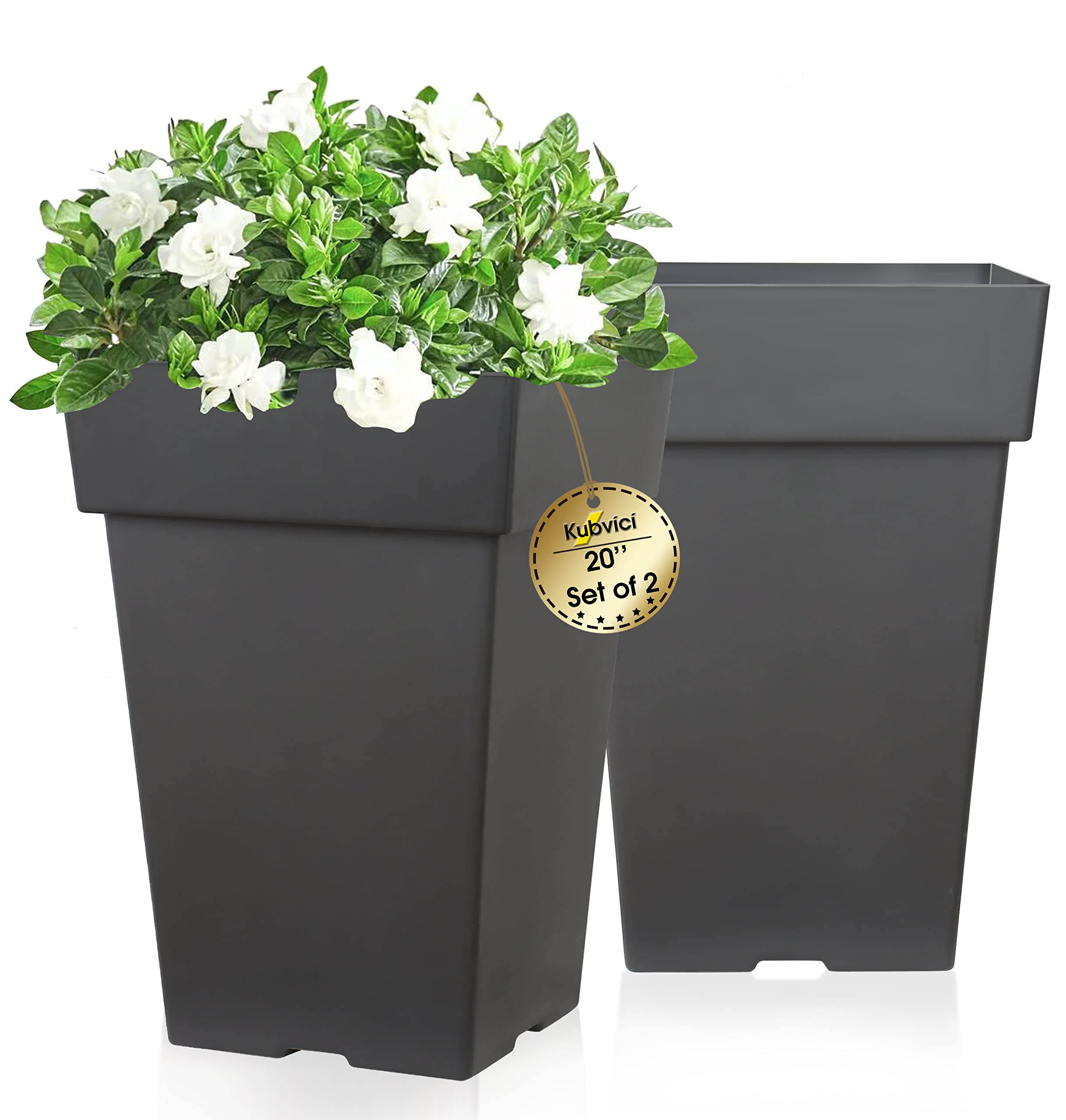 Kubvici 20 Inch Tall Outdoor Planters with Drainage - Set of 2 Large Plastic Plant Pots for Indoor & Outdoor Use - Dark Gray Movable Planters for Front Porch, Garden, Balcony, Deck - Perfect for Decorating Your Home or Office Space