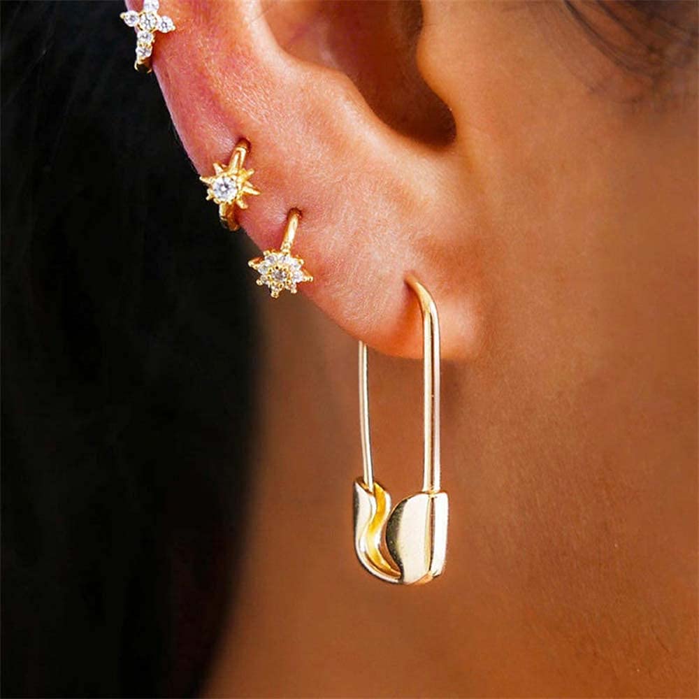 Hypoallergenic 14k Gold Plated Safety Pin Dangle Hoop Earrings for Women - Small Paper Clip Style Fashion Jewelry | Perfect for Everyday Wear, Parties & Gift Giving