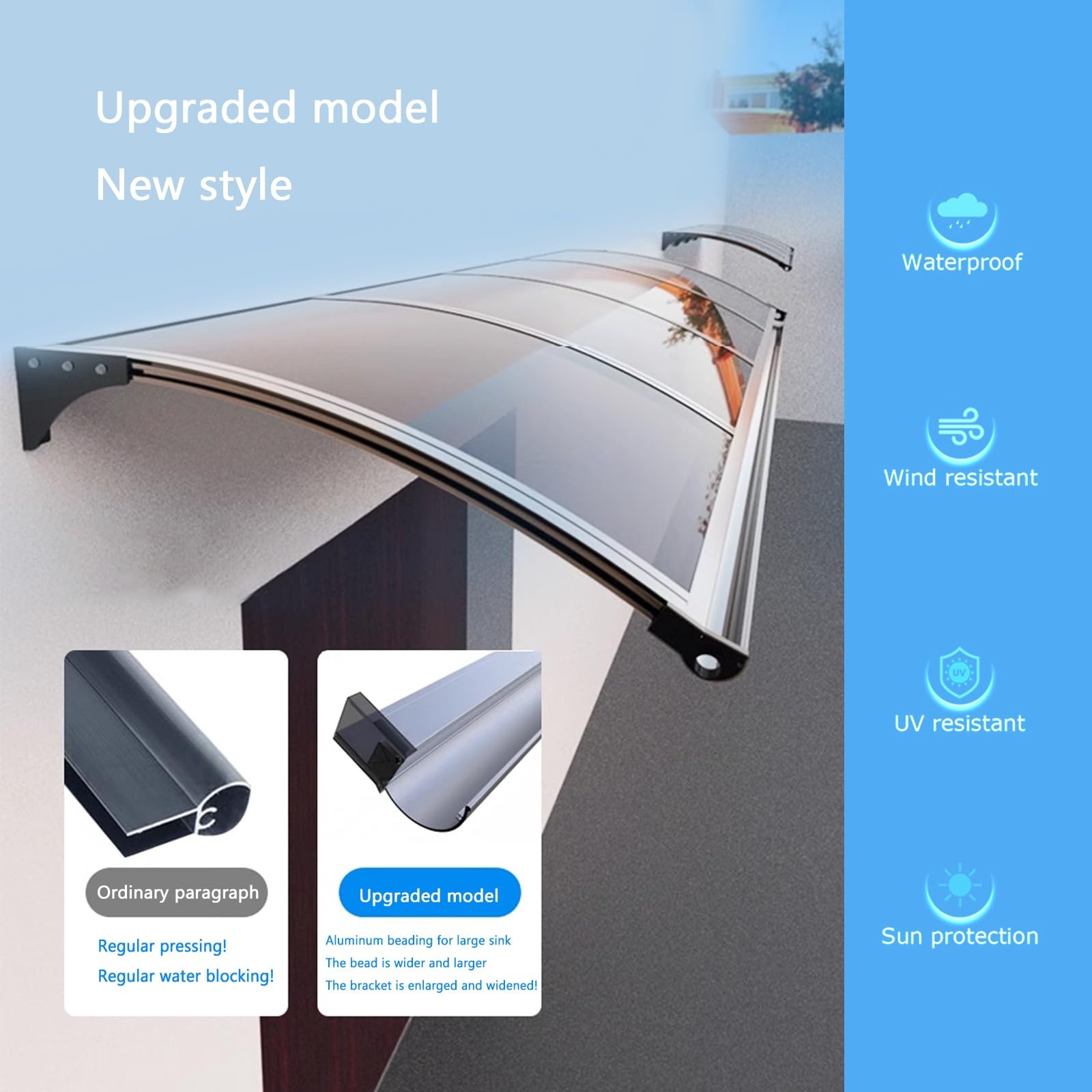Durable Aluminum Alloy Door Awning - 60x160cm/24x63in Weatherproof Exterior Canopy with Solid Sheet & Easy Installation - Perfect for Patio, Front Door, and Window Protection