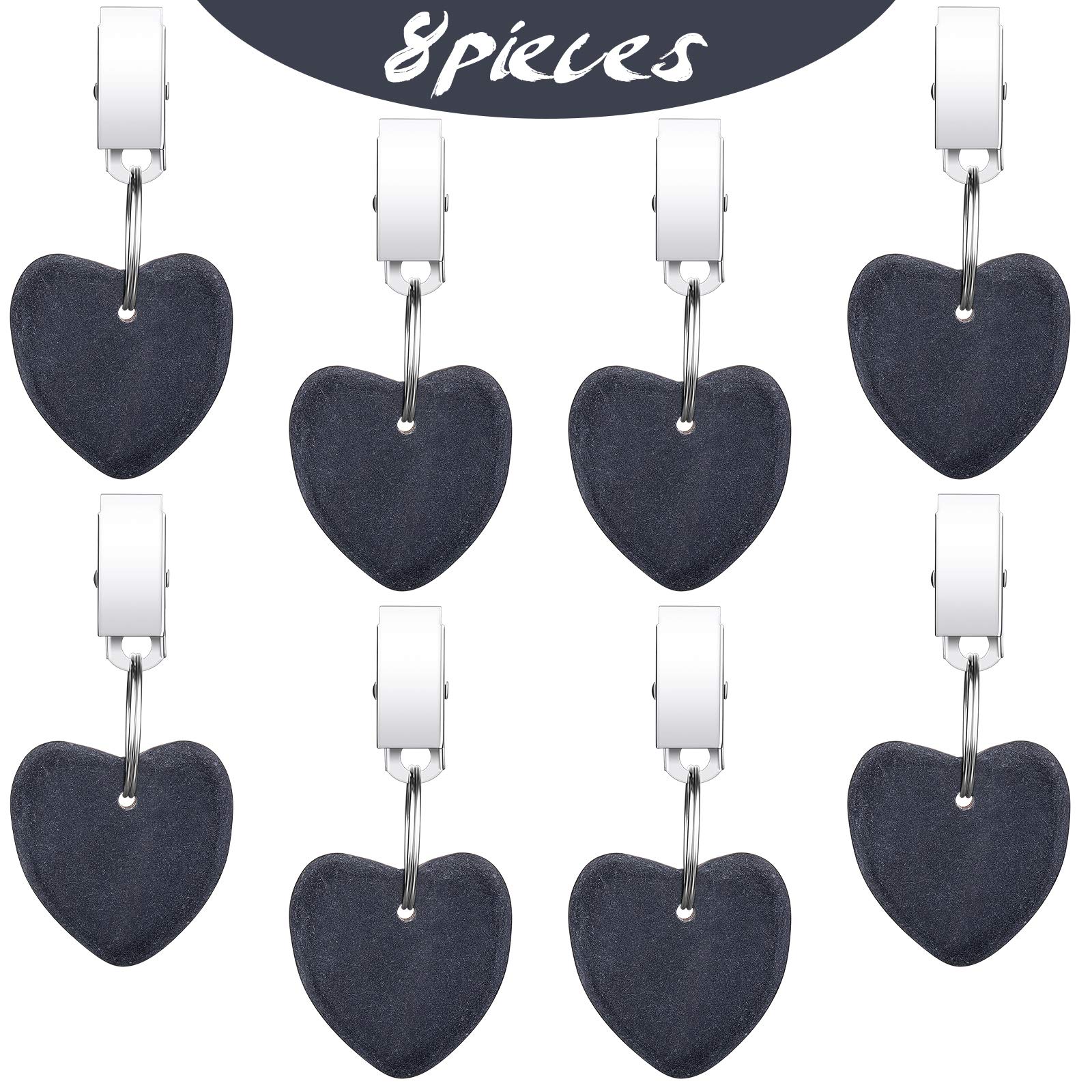 Heart-Shaped Tablecloth Weights with Stainless Steel Clips - 8 Pack Dark Gray Stone Table Clamp Weights for Outdoor Picnics, Family Dinners & Party Decorations