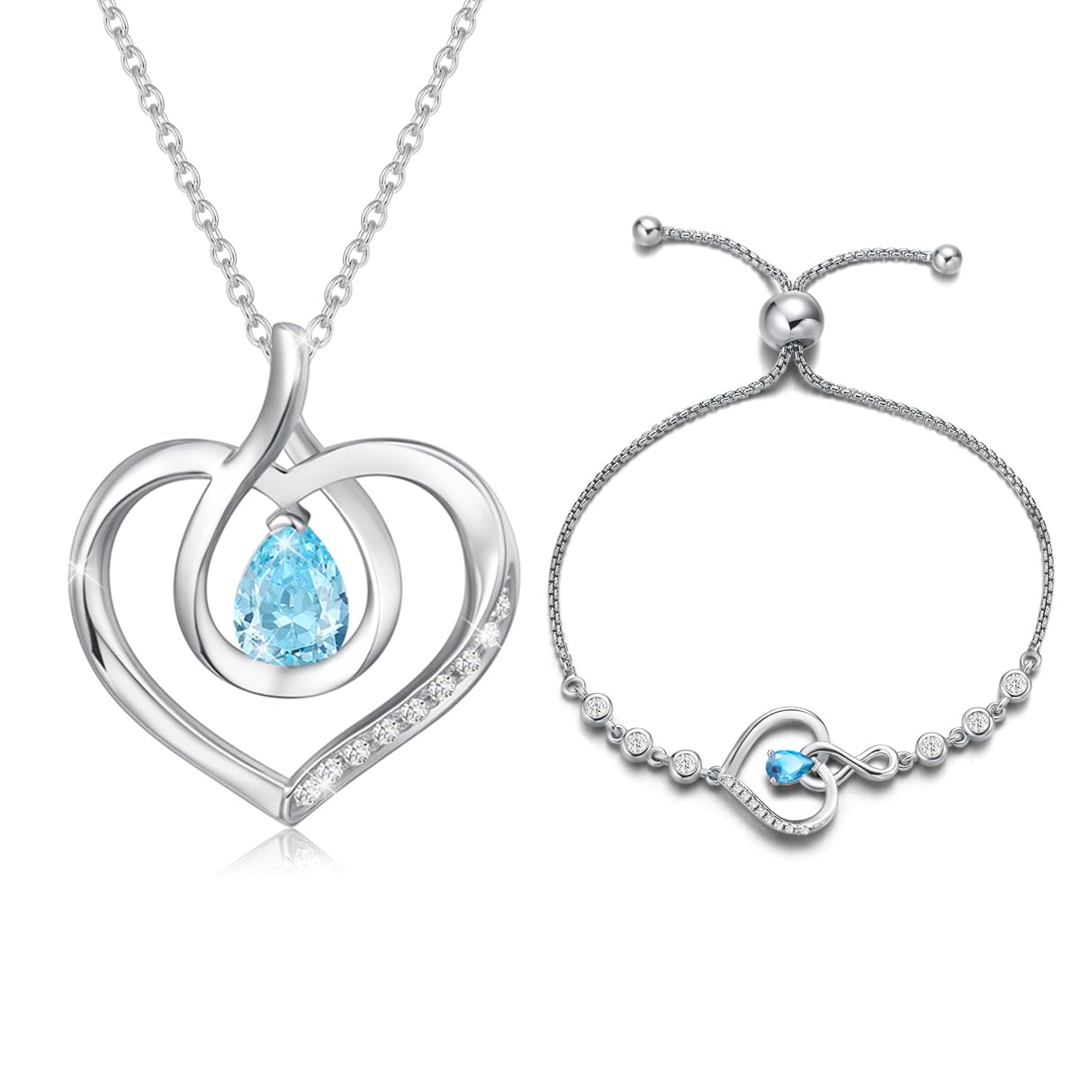 March Birthstone Aquamarine Heart Necklace & Bracelet Set for Women - Sterling Silver Infinity Love Pendant Fine Jewelry | Perfect Mothers Day Gifts, Anniversary & Birthday Presents for Mom - Ideal for Special Occasions, Romantic Dates & Everyday Elegance