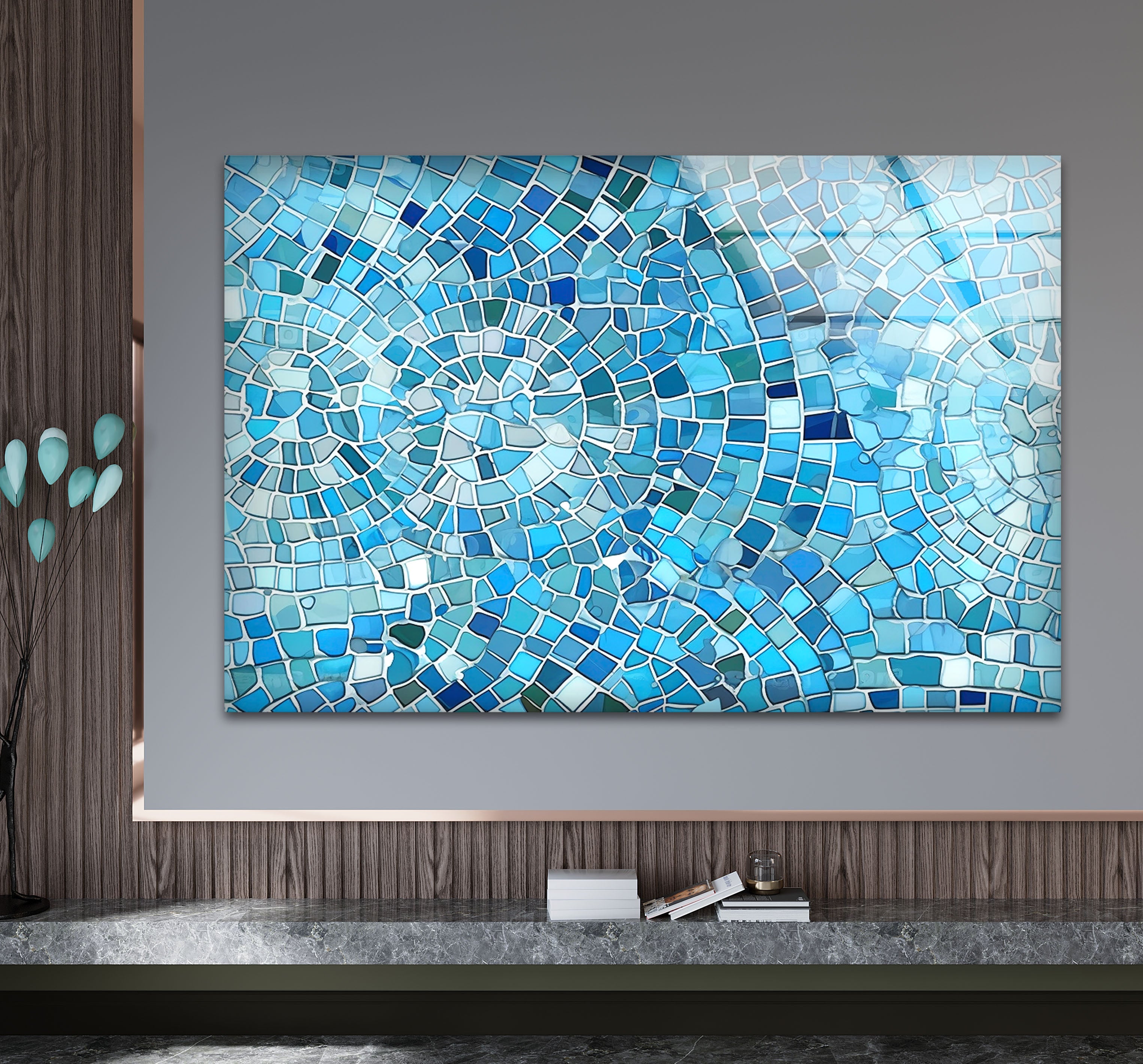Aqua Blue Mosaic Glass Wall Art - Coastal Geometric Bathroom Decor for Spa, Beach House & Home - Perfect for Bathroom, Living Room, Bedroom Wall Decor