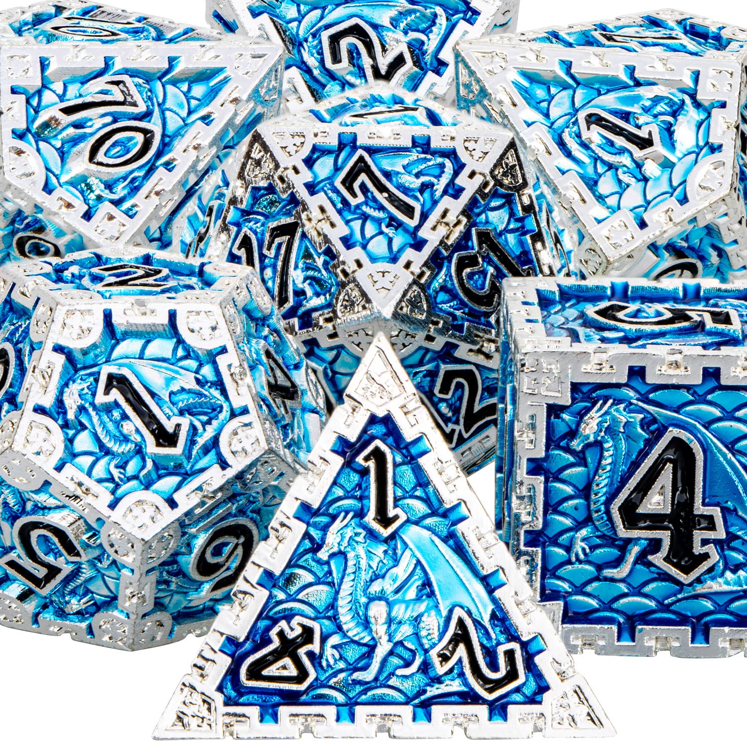 ARUOHHA 7PCS Metal D&D Dice Set - Dungeons and Dragons RPG Dice with Gift Box, Large Polyhedral Dice for Pathfinder, D20 D12 D10 D8 D6 D4, Perfect for Tabletop Gaming, Role Playing Games & Collectors (Blue)