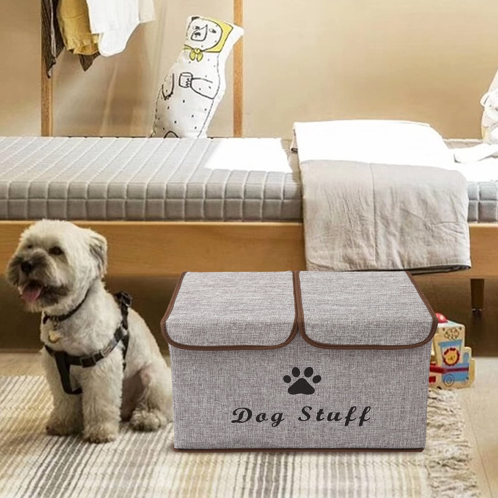 Durable Dog Toy Storage Box with Lid - Pet Organizer Basket for Dog Toys, Perfect for Living Room, Playroom & Closet - Light Gray Home Organization Solution for Pet Lovers