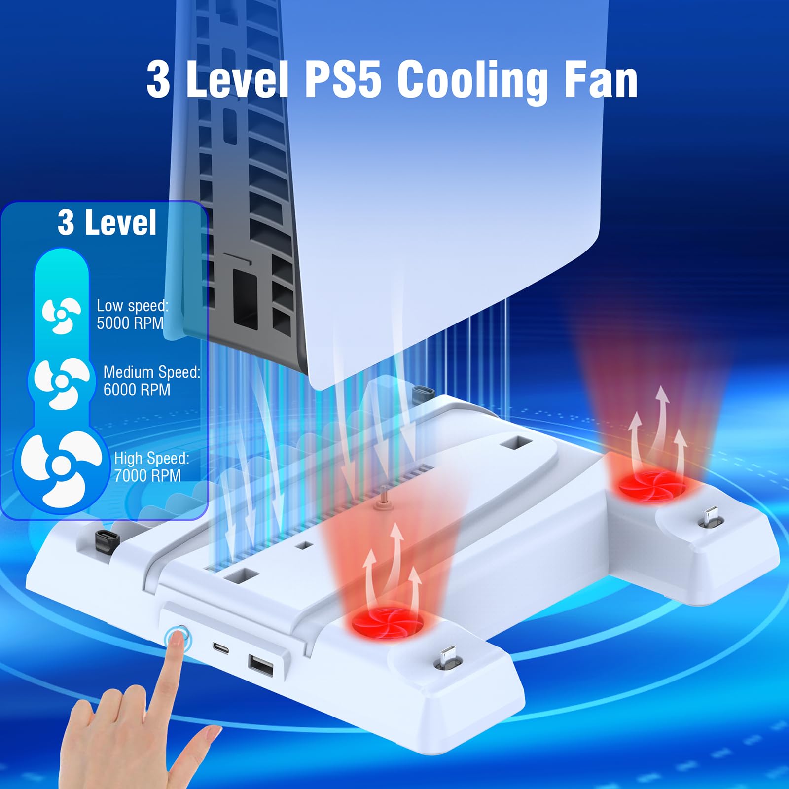 DOBE FOMIS PS5 Slim Stand with Cooling Fan & Controller Charger - 3-Speed Cooling Station for PlayStation 5 Disc/Digital Edition - Includes 4 USB Hub, 11 Game Storage Slots & Mounting Screws - Perfect for Gaming Setup & Console Protection