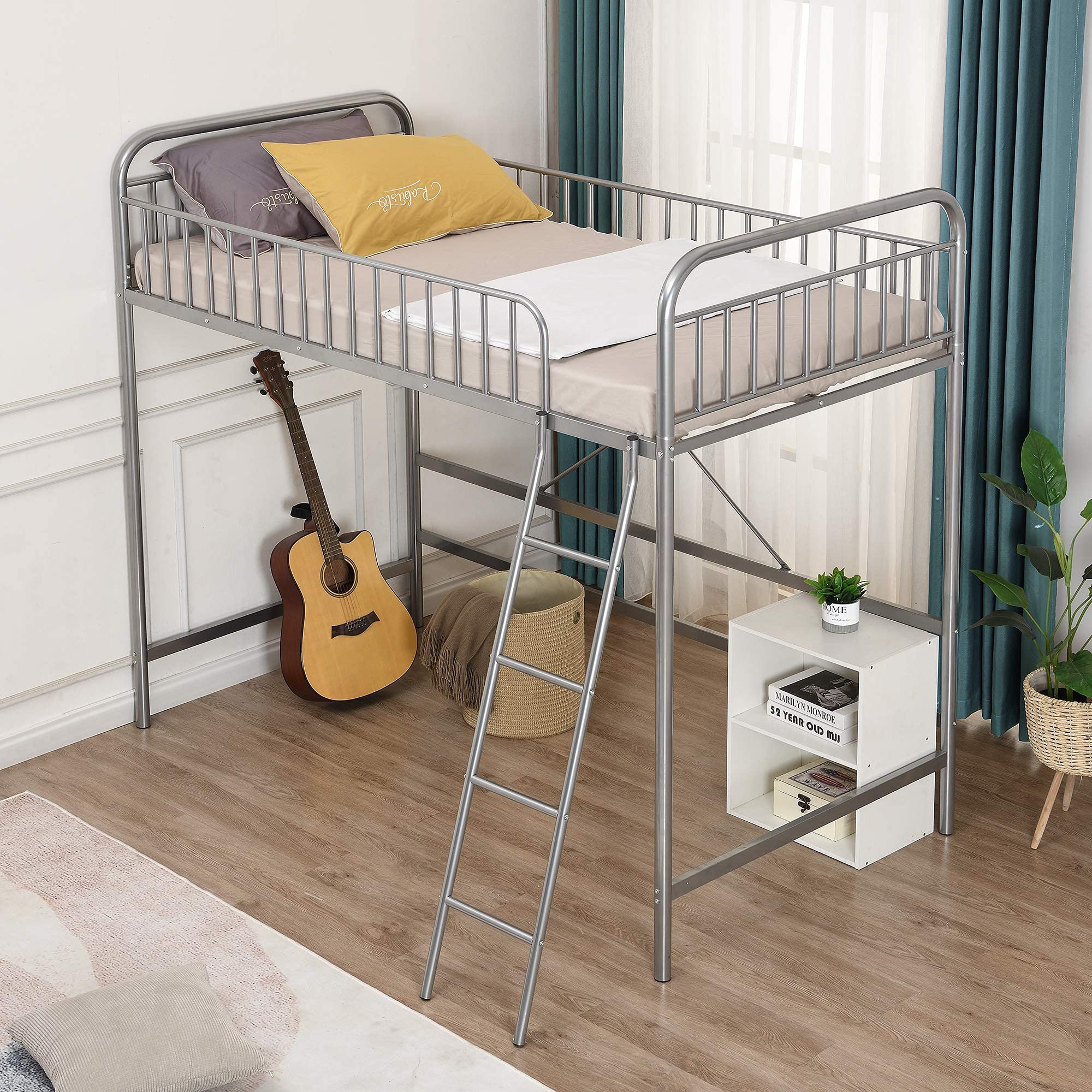**Metal Loft Bed with Desk & Shelves - Twin Size Space-Saving Study & Sleep Solution for Small Rooms & Dorm**