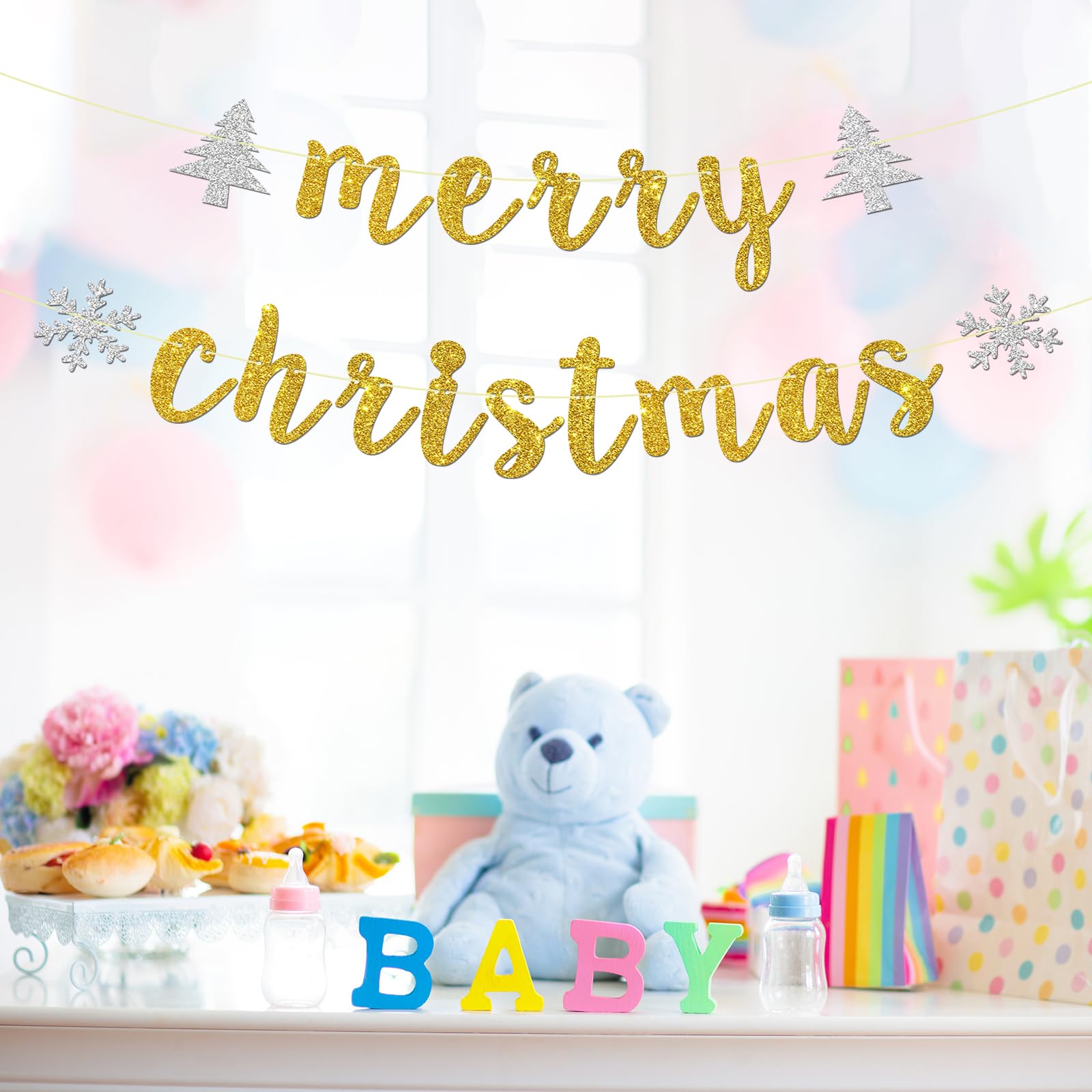 Merry Christmas Banner - Gold Glitter Holiday Party Decor for Christmas, New Year's Eve & Xmas - Perfect for Home, Office & Festive Celebrations