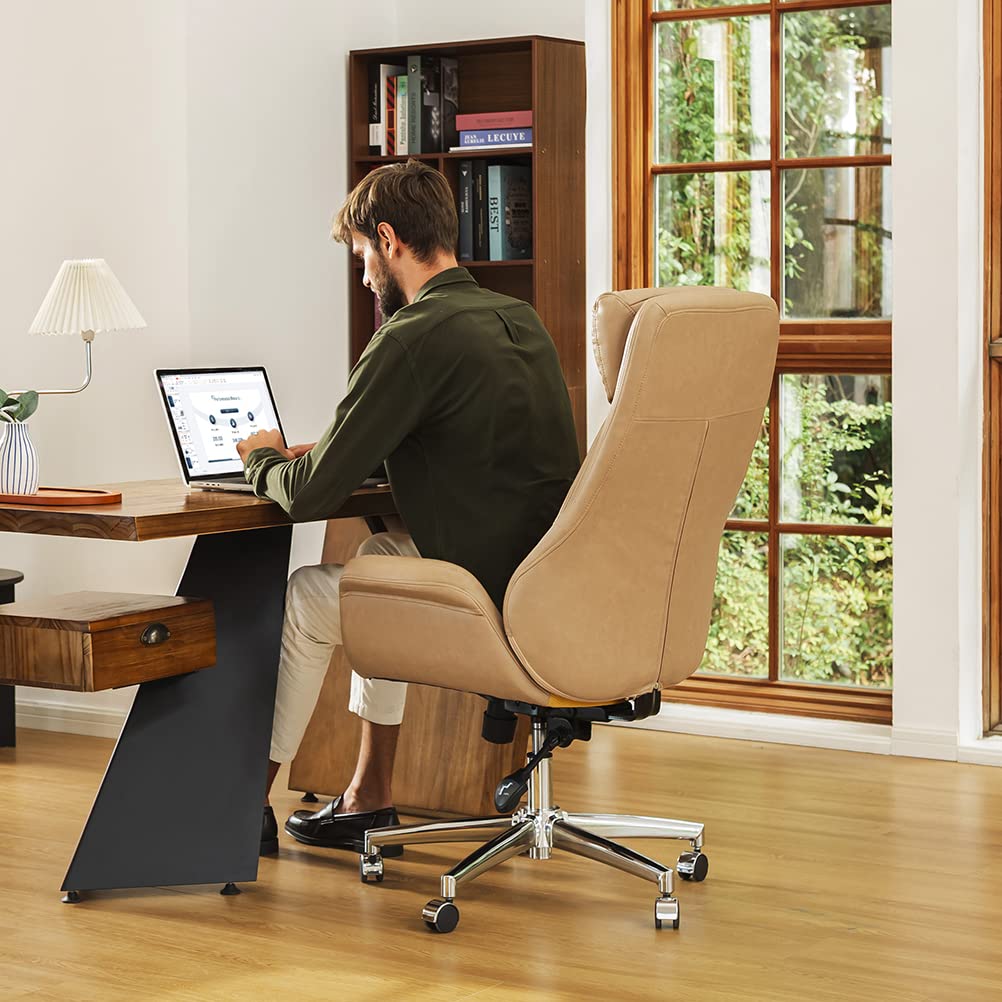 Premium Adjustable High-Back Executive Office Chair - Ergonomic PU Leather Swivel Desk Chair with Lumbar Support (Camel) - Perfect for Home Office, Gaming & Conference Rooms