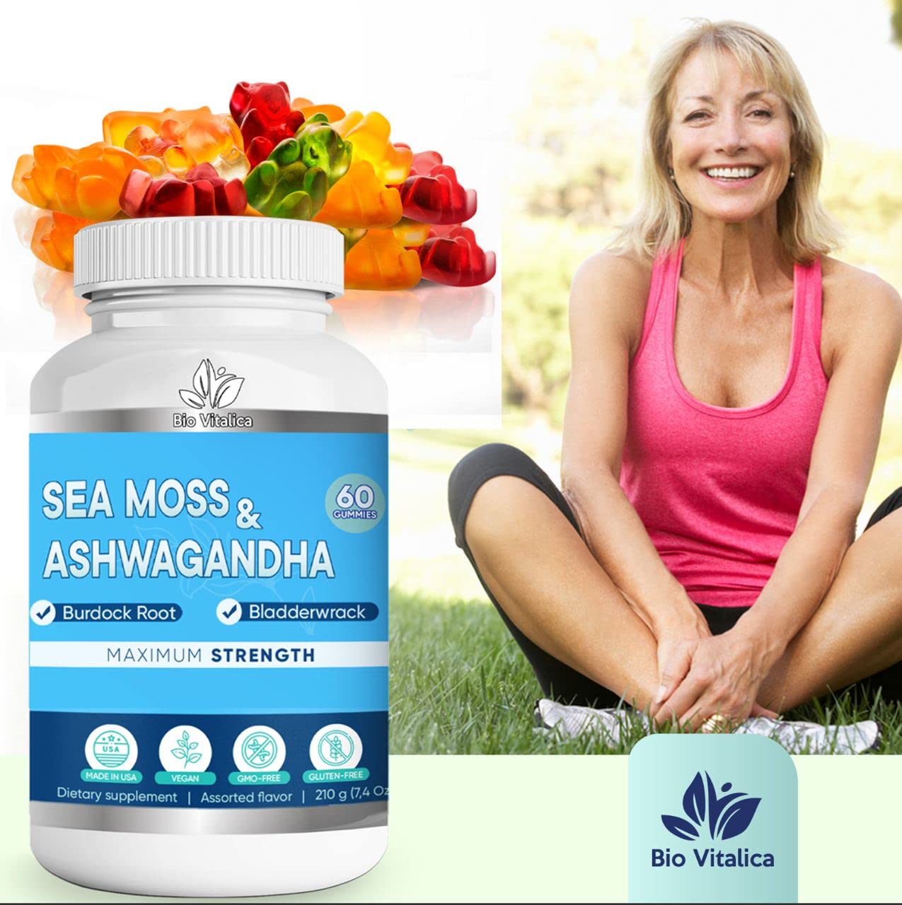 Organic BIO VITALICA Sea Moss Ashwagandha Gummies - Irish Seamoss & Ashwagandha Root Powder Supplement for Energy Boost & Immune Support - Vegan, Non-GMO, Gluten-Free for Men & Women - Perfect for Daily Wellness & Active Lifestyle