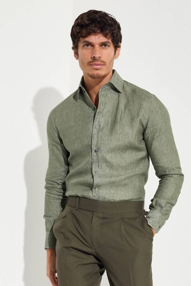 Men's Army Green Linen Shirt - Comfortable & Breathable Cooper Casual Shirt for Outdoor Activities, Travel & Summer Wear