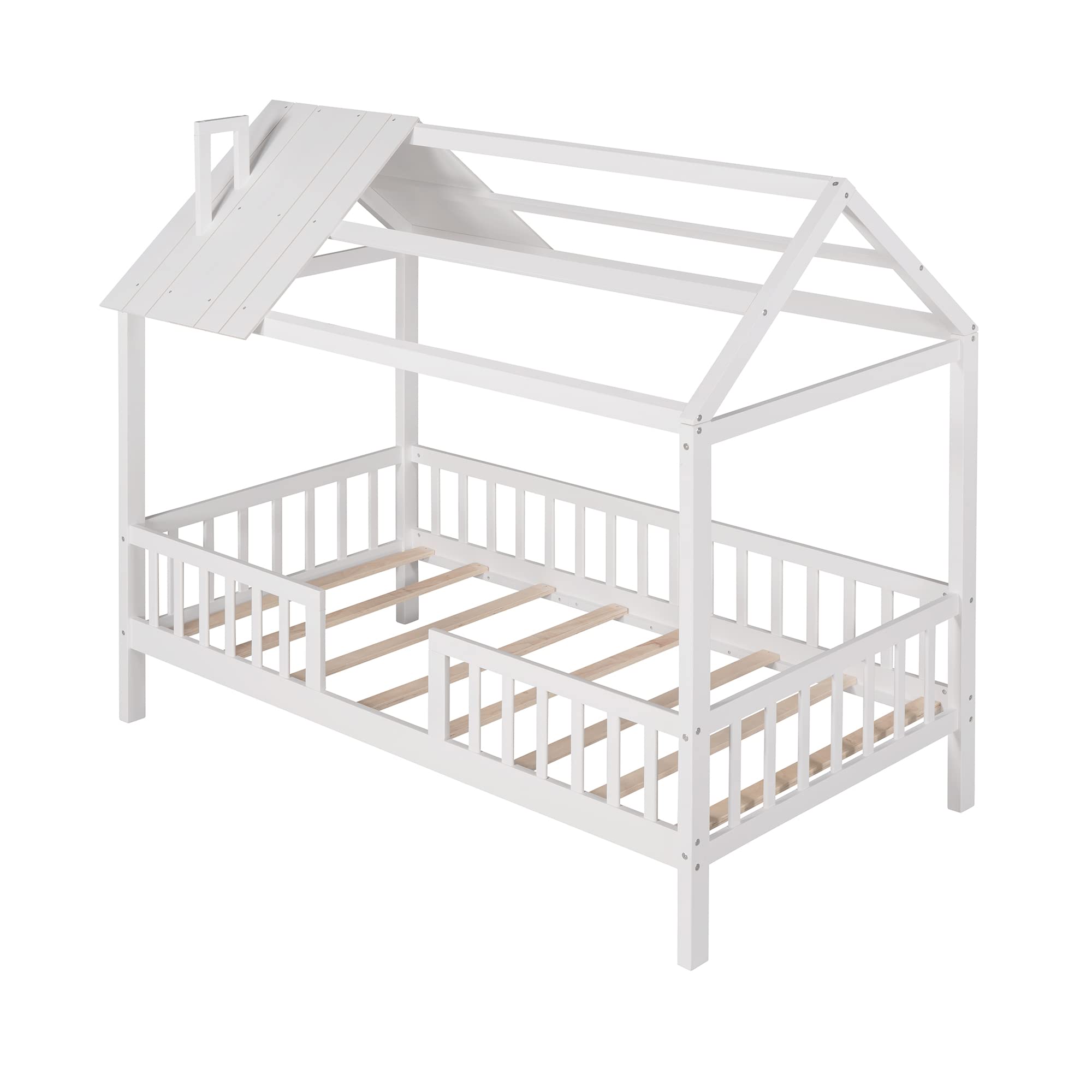 Bellemave Montessori Kids House Bed - Solid Wood Playhouse Bed Frame with Fence & Roof for Toddlers, Children, Teens - Boys & Girls Bedroom Furniture (White) | Perfect for Montessori Rooms, Playrooms & Cozy Sleep Spaces