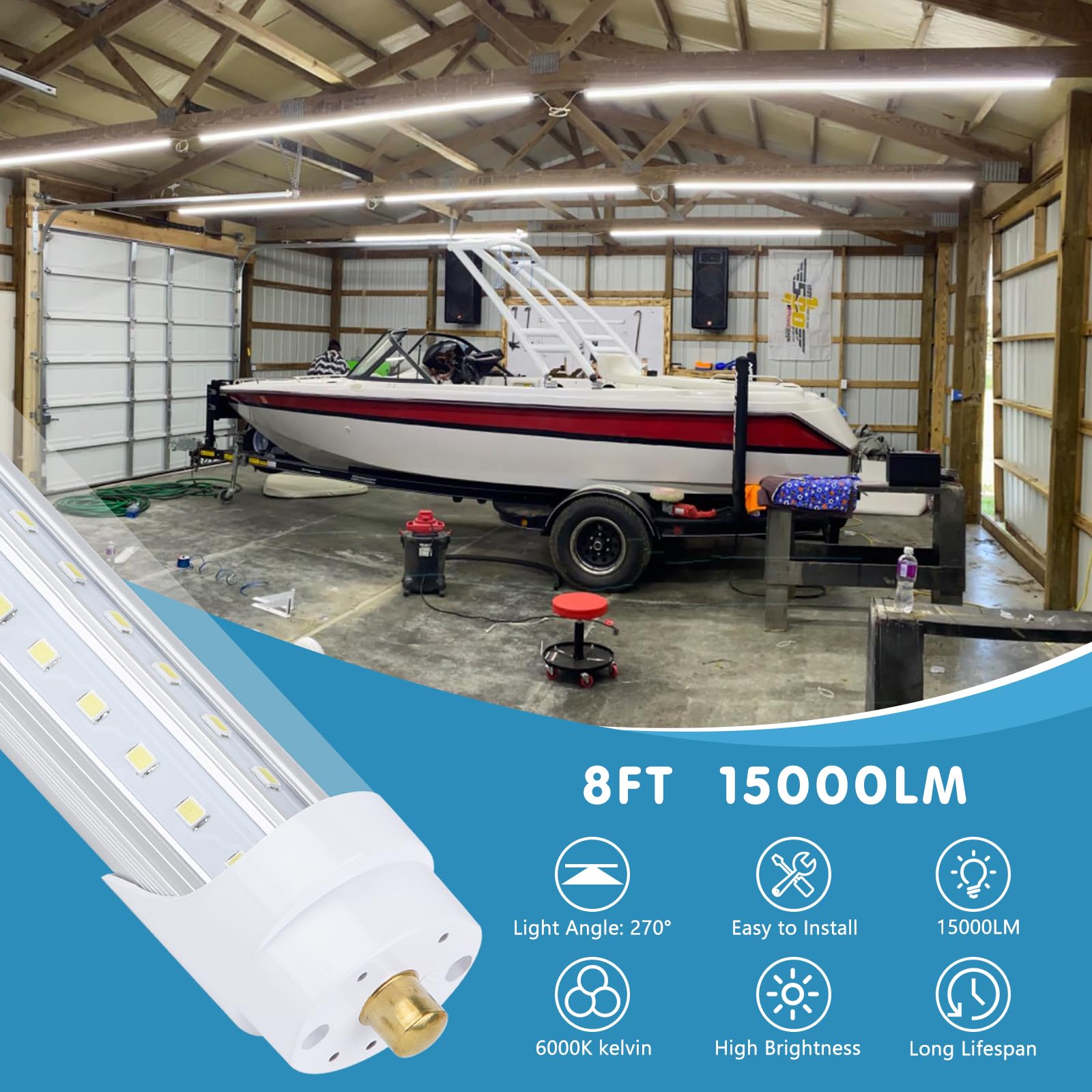 8FT LED Shop Light Fixture - 150W 19000LM, 5000K-5700K Daylight White, 96'' T8 Integrated V-Shape Fluorescent Tube Replacement, High Output Linkable LED Lights for Garage, Warehouse, Workshop - Plug & Play, Energy Saving (Pack of 10) - Perfect for Industrial Lighting, Commercial Spaces & Home Garages