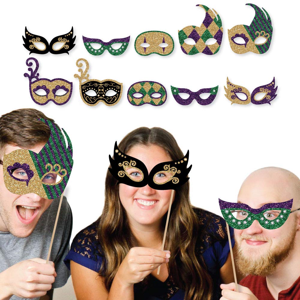 Big Dot of Happiness Mardi Gras Masks & Glasses - 10-Piece Paper Cardstock Masquerade Party Photo Booth Props Kit for Carnival, Halloween, and Costume Parties - Perfect for Festive Celebrations and Themed Events