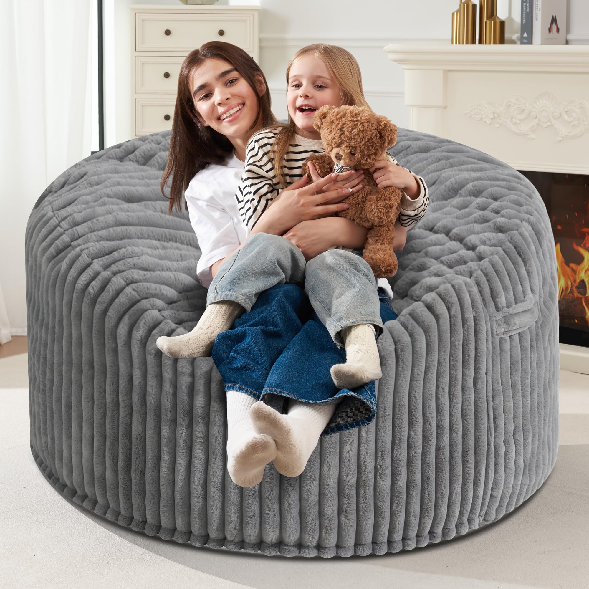 Homguava 4 FT Memory Foam Bean Bag Chair - Extra Large Soft Plush Sofa with Dutch Corded Cover in Grey - Perfect for Living Room, Bedroom, Dorm & Game Room Relaxation