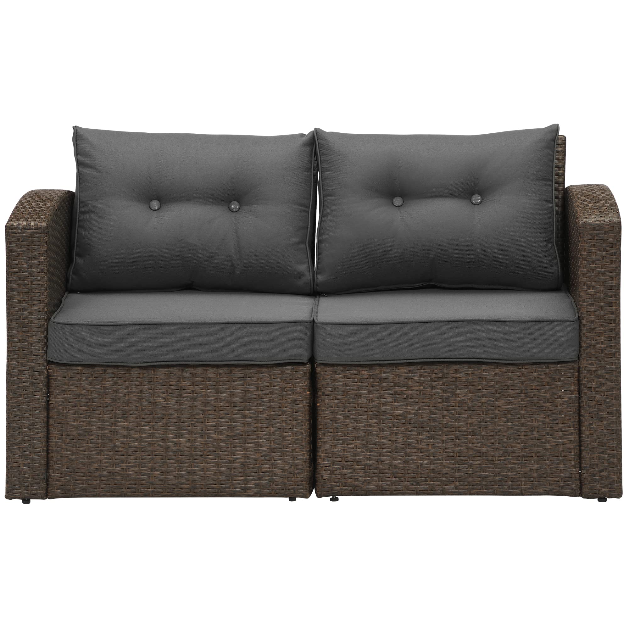 Outdoor Loveseat Patio Furniture 2-Piece All-Weather Brown Wicker Rattan Sectional Sofa Set with Dark Grey Non-Slip Cushions & Aluminum Frame - Perfect for Garden, Balcony, Poolside and Backyard Relaxation