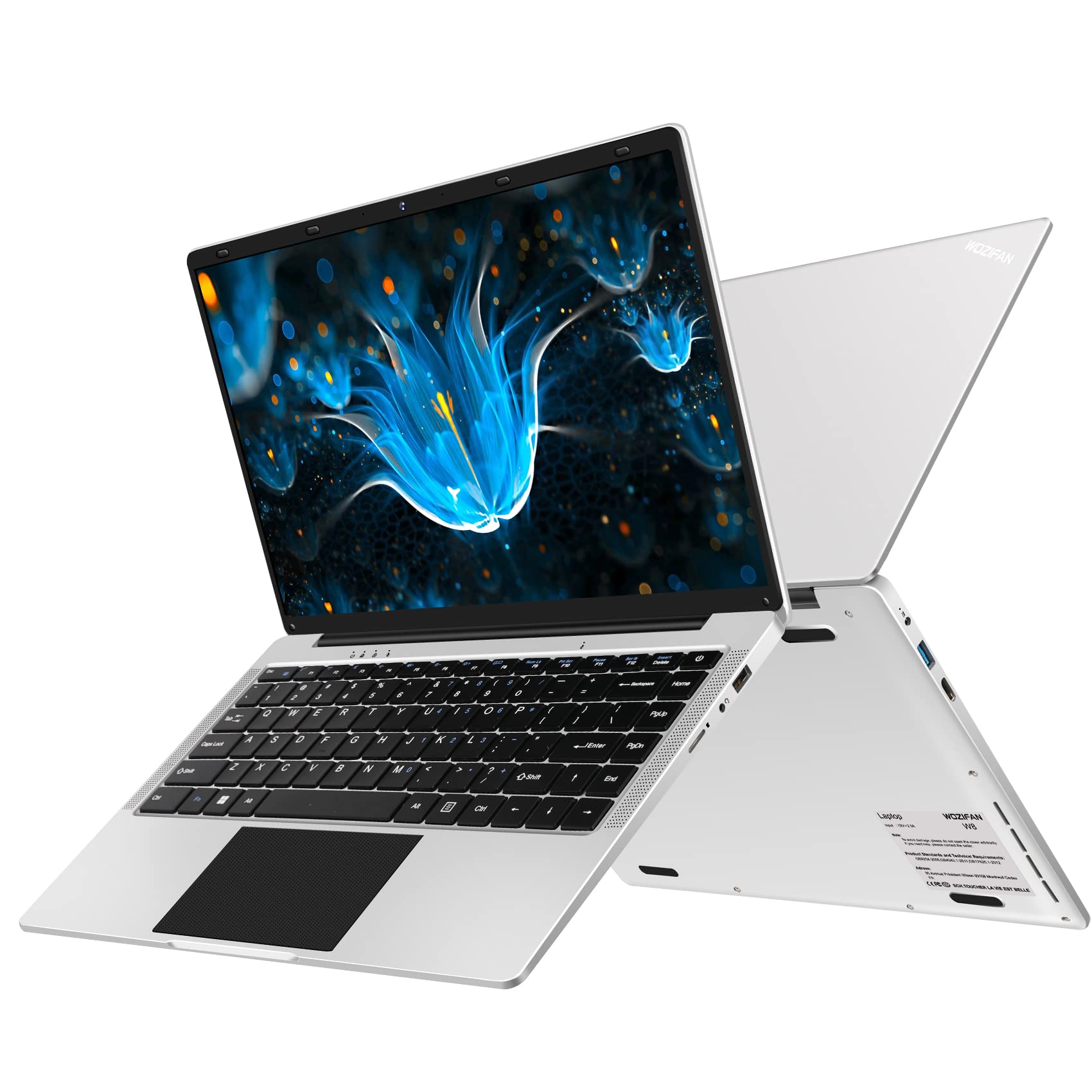 WOZIFAN 14-inch Traditional Laptop with 6GB RAM & 128GB SSD (Expandable to 1TB), Intel Celeron N4020 Processor (Up to 2.8GHz), 1920x1080 FHD 180° Flip Screen, French Keyboard - Silver | Perfect for Students, Office Work & Travel