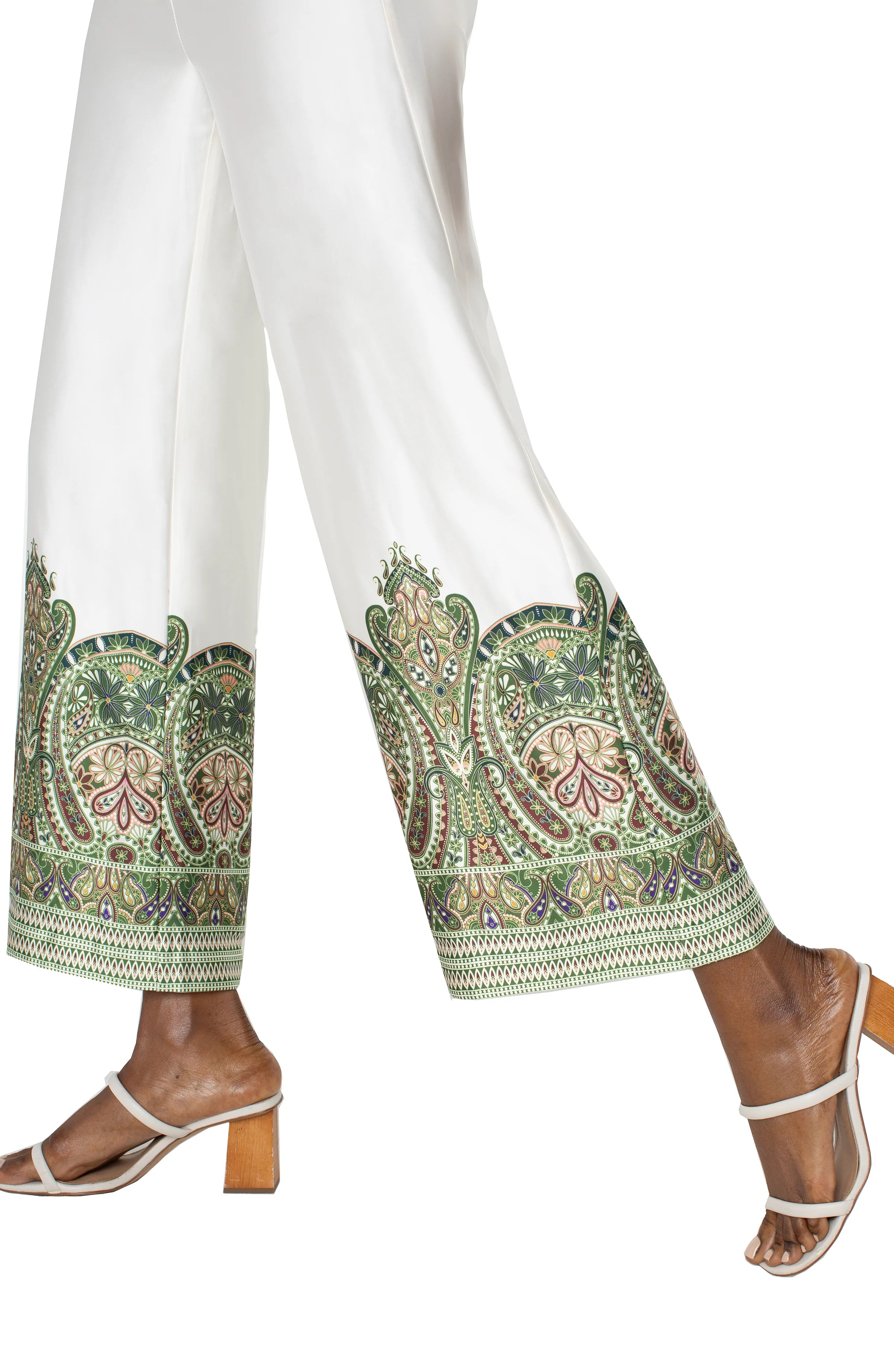Stylish Cream Olive Paisley Print Pull-On Wide Leg Pants - Perfect for Casual Wear, Office Outfits & Boho Chic Fashion