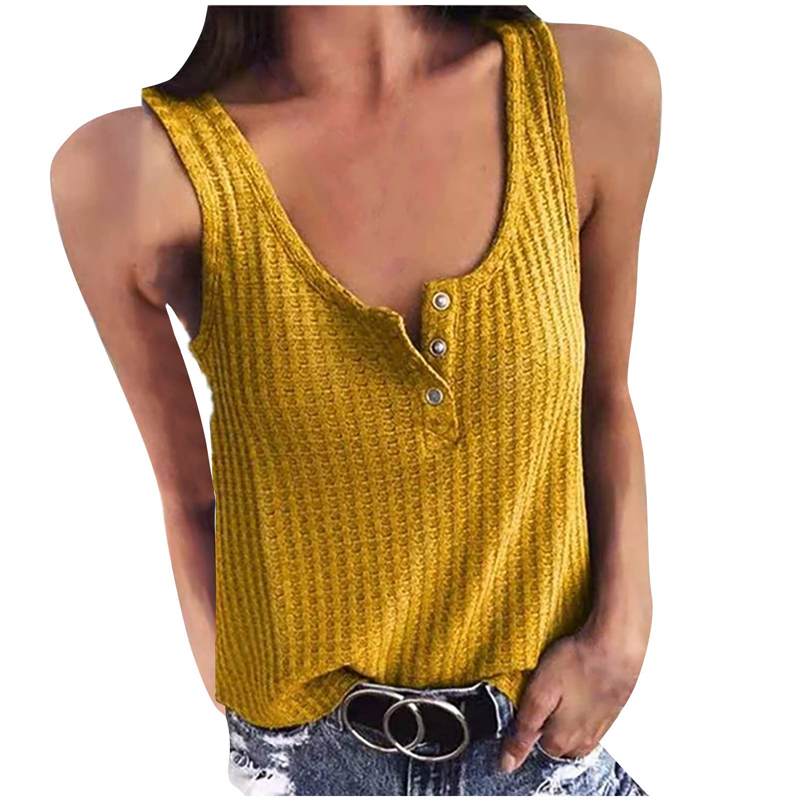 Women's Waffle Knit Tank Tops - Sleeveless Button Down Scoop Neck Casual Blouse for Summer | Loose Fit Vacation Shirts & Beachwear | Perfect for Outdoor Activities, Travel and Warm Weather Fashion