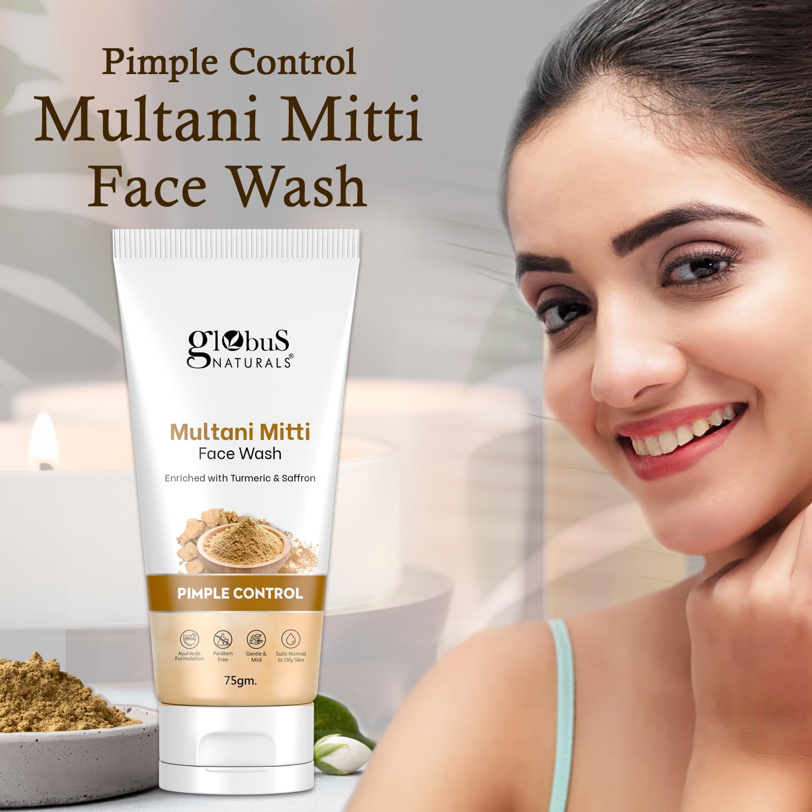 Globus Naturals Multani Mitti Face Wash with Turmeric & Saffron - Acne Treatment for Oily & Acne-Prone Skin - 75gm | Deep Cleansing & Pimple Control | Perfect for Daily Skincare Routine & Breakout Prevention