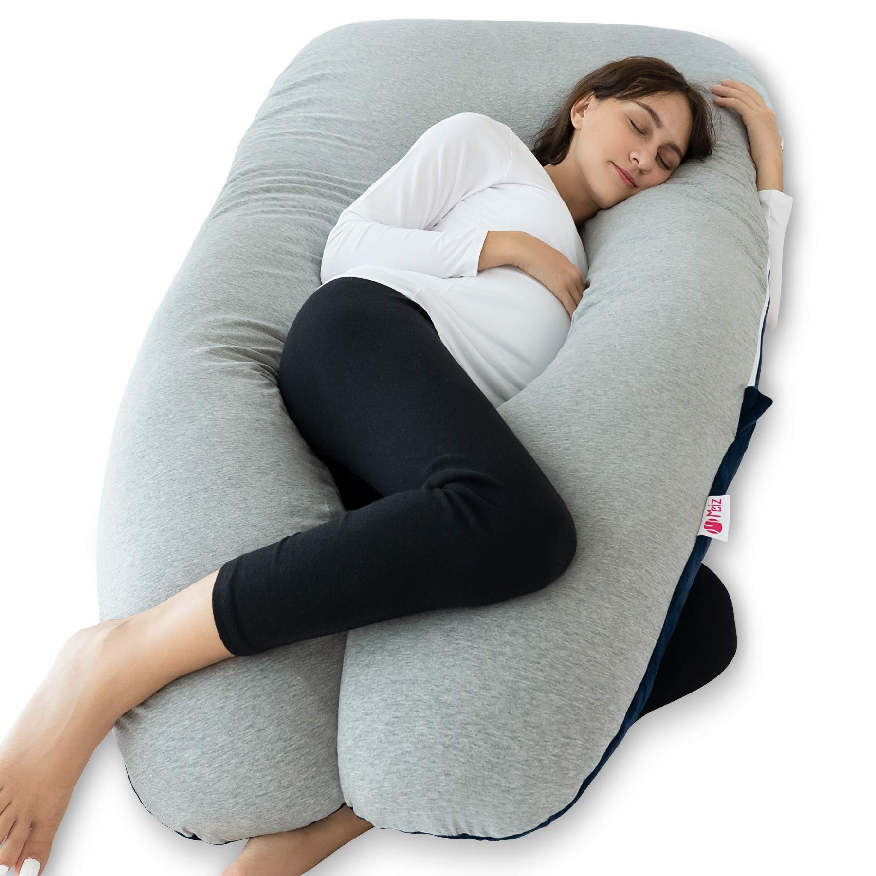 Meiz Cooling Pregnancy Pillow for Sleeping – Full Body Maternity Support Pillow with Reversible Jersey & Velvet Covers (Blue & Grey) – Perfect for Side Sleepers, Back Pain Relief & Comfort During Pregnancy